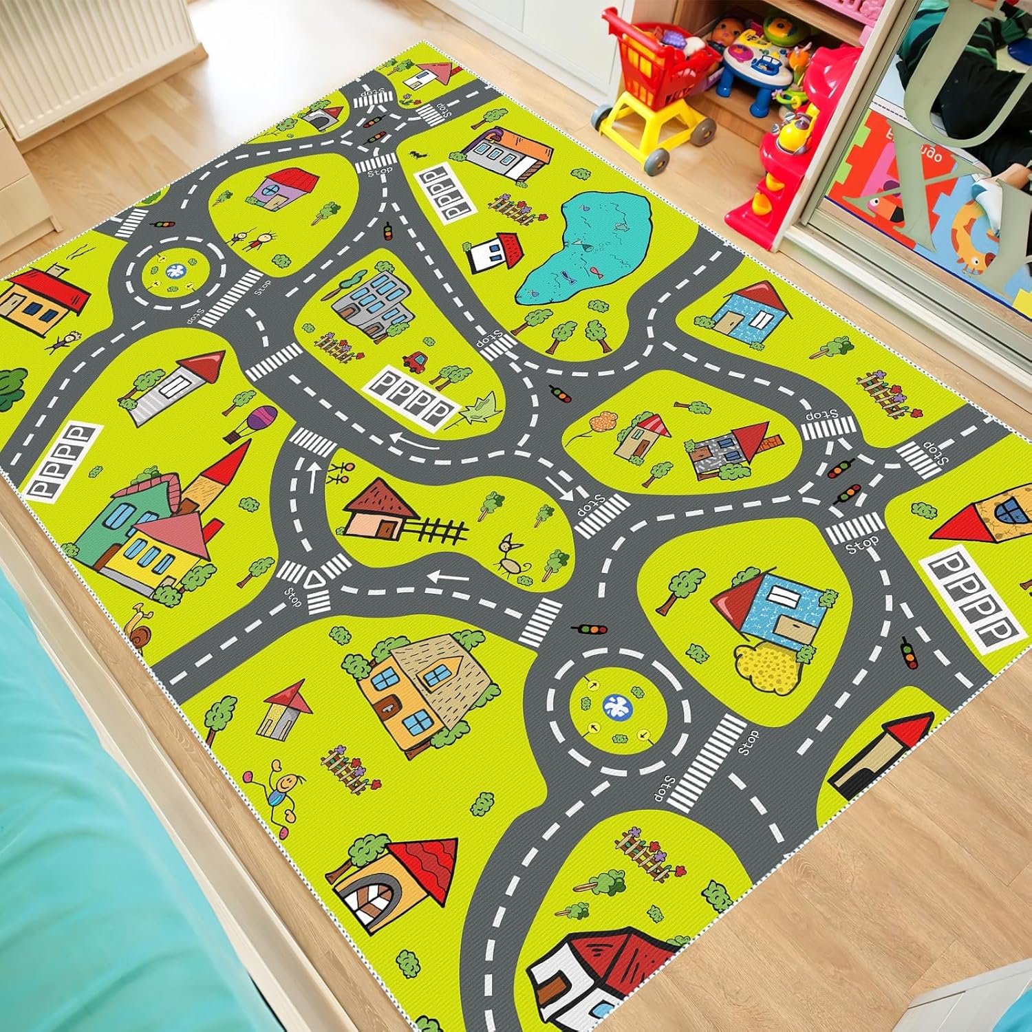 Kids Car Play Mat & Rug – Road & Race Track Design for Toy Cars, Playroom Decor, Machine Washable