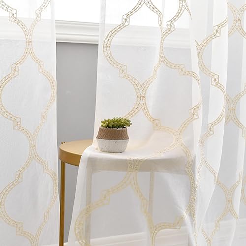 Miniatura 3 de DWCN Cortinas traslúcidas blancas con diseño marroquí bordado, cortinas de lino sintético para dormitorio y sala de estar, juego de 2 tratamientos