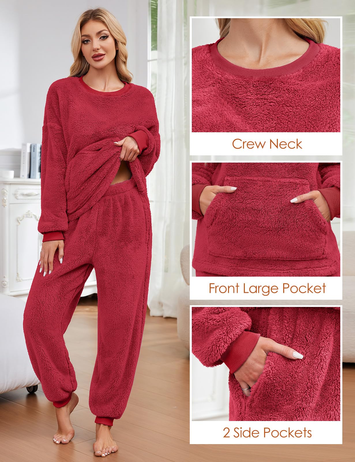 Niwicee Schlafanzug Damen Lang Winter Thermo Pyjama Set Fleece Hausanzug Kuschelig Warmer Flanell Pyjama Nachtwäsche Zweiteiler Flauschig Lounge Anzug mit Sweatshirt und Hose Polar PjS