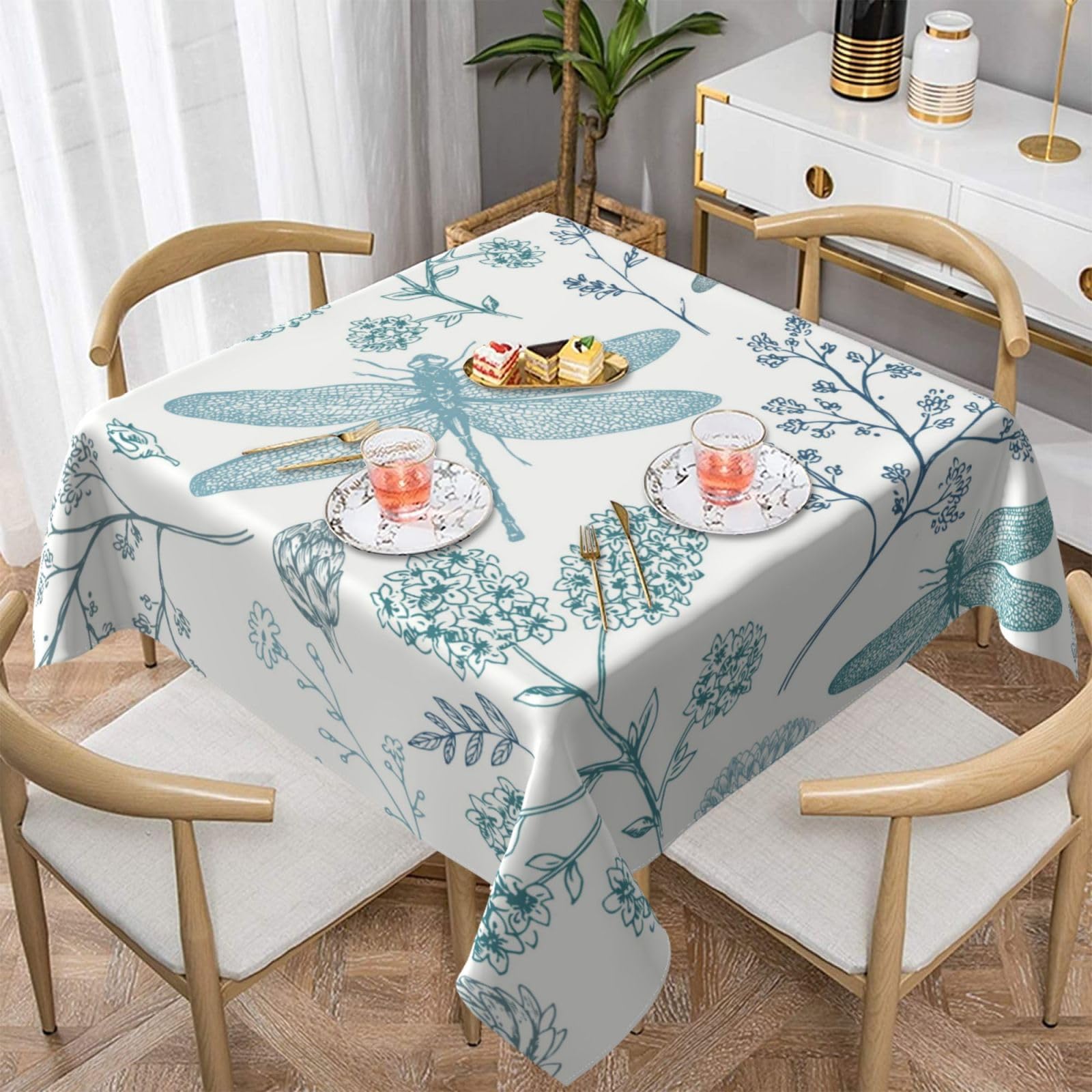 DCEHGEW Dragonfly Prints Square Tablecloth 152x152 CM, Waterproof Fabric Table Cloth for Dining Table, Farmhouse Table Cover for Kitchen Dining Tabletop Decoration