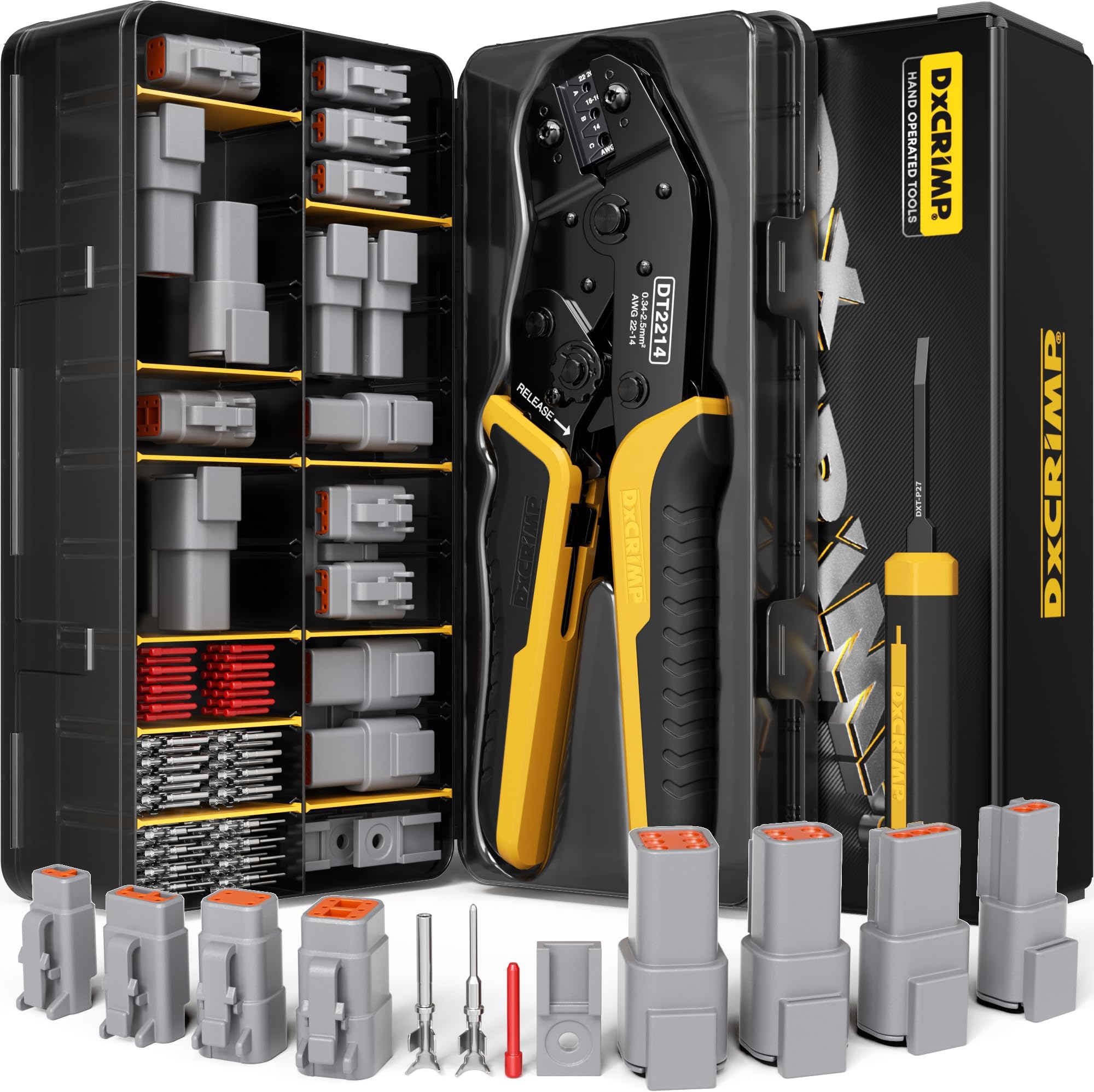 DTM Deutsch Series Connector Crimping Tool Kit, 2/3/4/6 Pin Miniature Waterproof Connectors, Size 20 Contacts (22-16 AWG), Ratcheting Crimper & Removal Tool for Sensors ECU, Fits Deutsch DTM