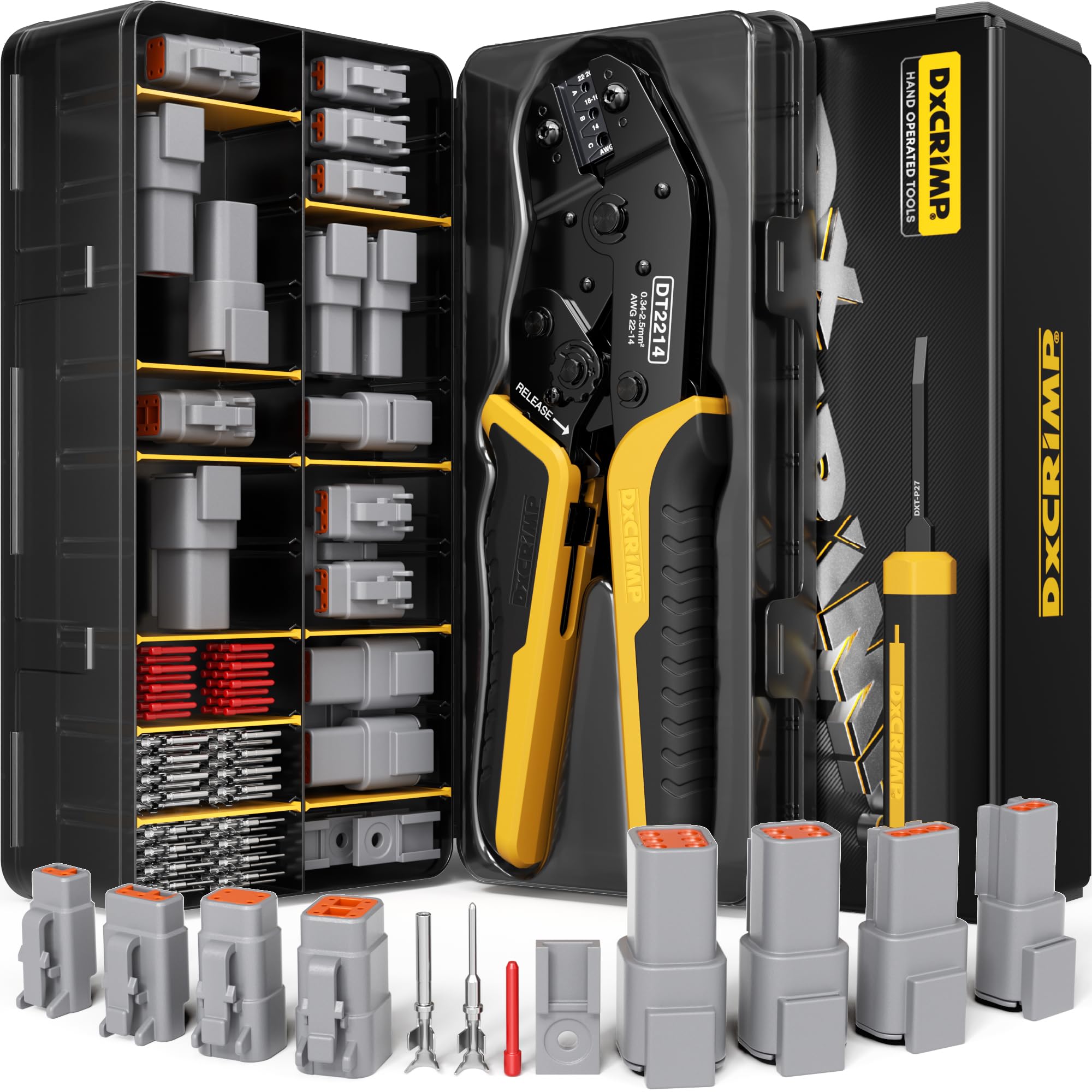DxCRIMP Kit Pinza Crimpatrice per Connettori Serie DTM, Connettori Impermeabili 2/3/4/6 Pin, Contatti T20 (22-16AWG/0.34-1.5mm²), Cricchetto Spelafili e Utensili Rimozione, Compatibile con Deutsch DTM
