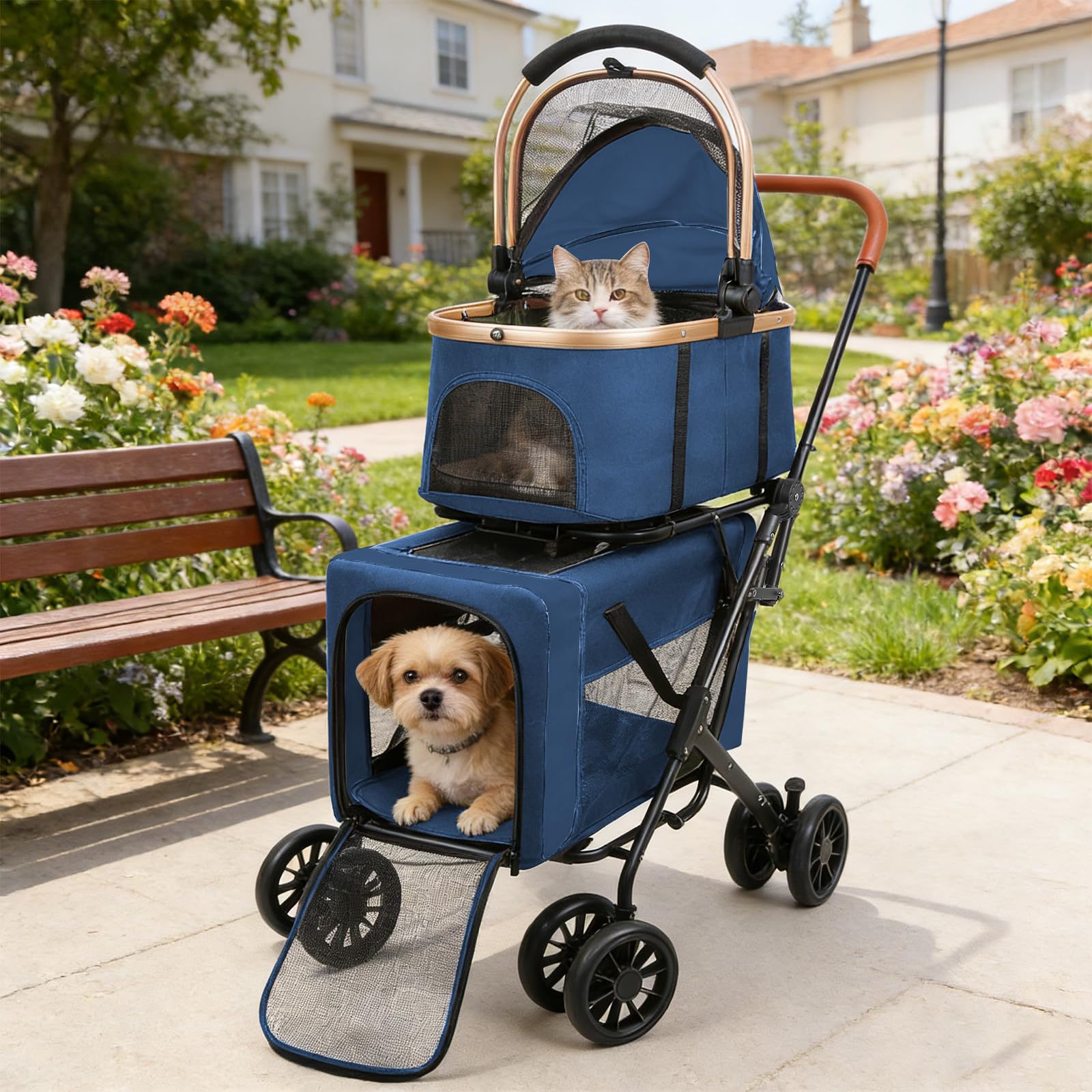 Homewell 2 in 1 Hundewagen, Hundebuggy, Doppelstöckiger Haustierbuggy, Kinderwagen für Katzen/kleine Hunde, Jogger Buggy für Haustiere mit Netzfenstern, Bis 40kg (Blau)