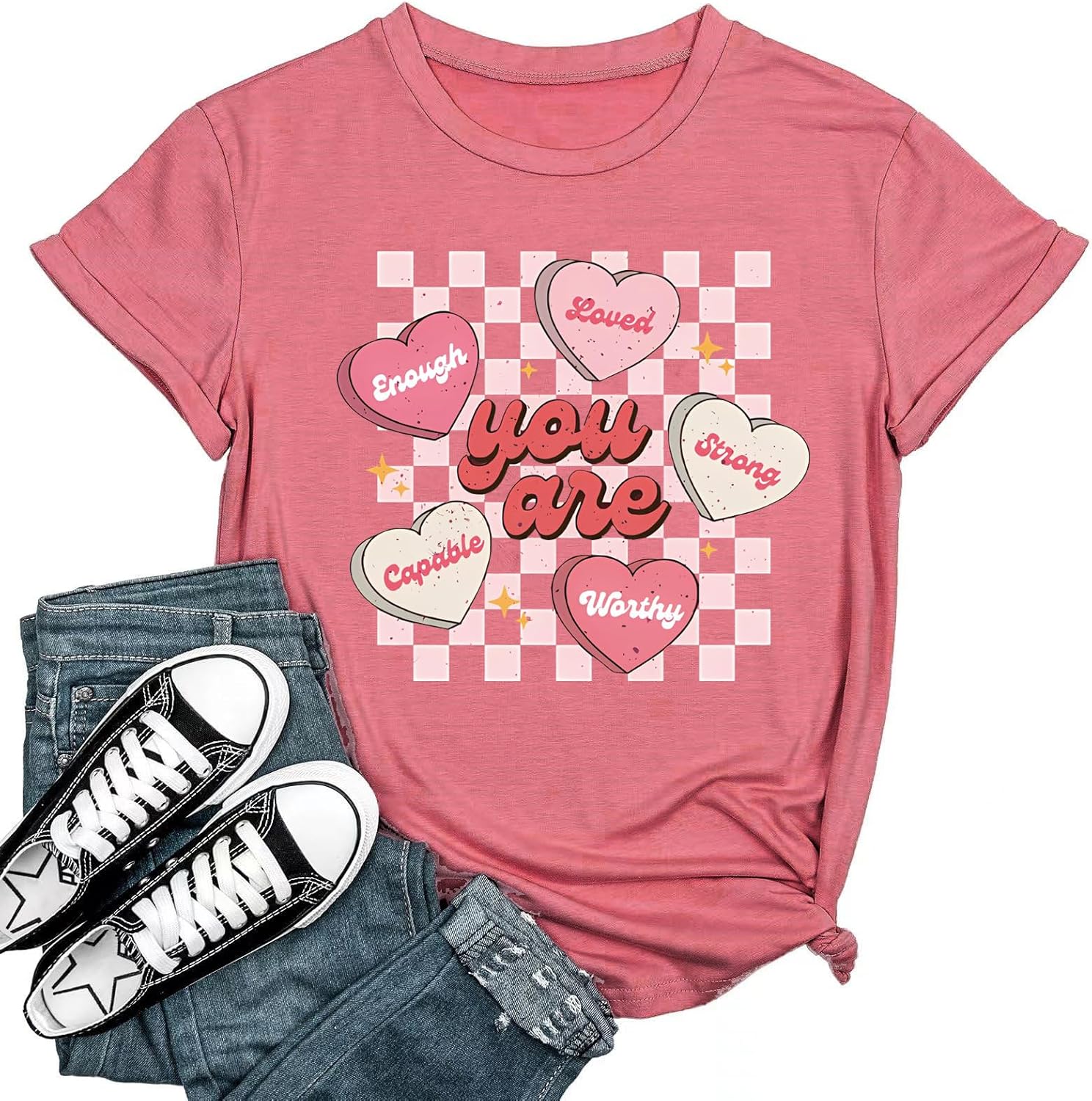 Women's Valentine Shirts Retro Candy Couple Love Heart Teacher You are Enough T-Shirt Casual Lover Gift Blouse Tops
