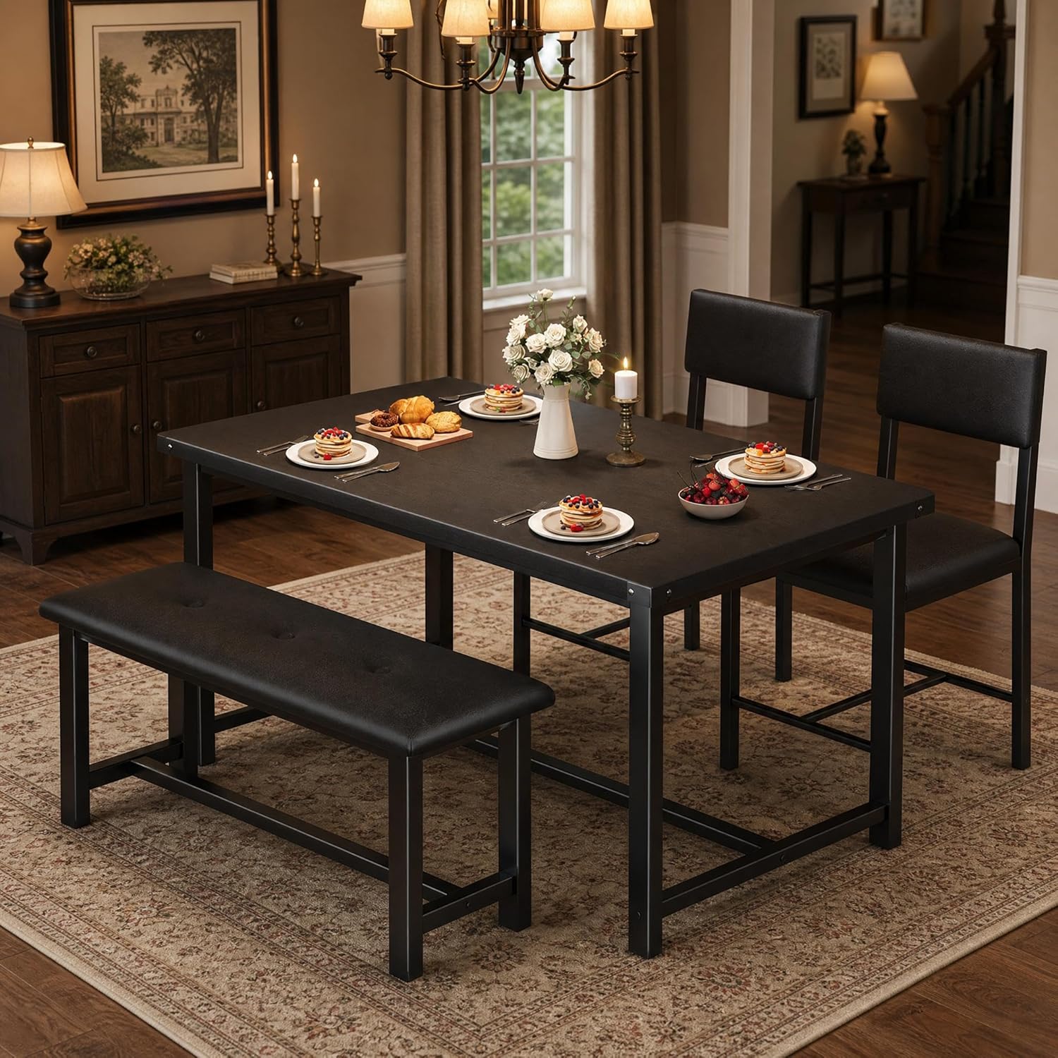 GarveeHome Dining Table Set for 4, Kitchen Table with 2 Upholstered Chairs and Bench, Wood Kitchen Dining Room Set, for Small Space, Apartment, Home, Kitchen, Retro Brown