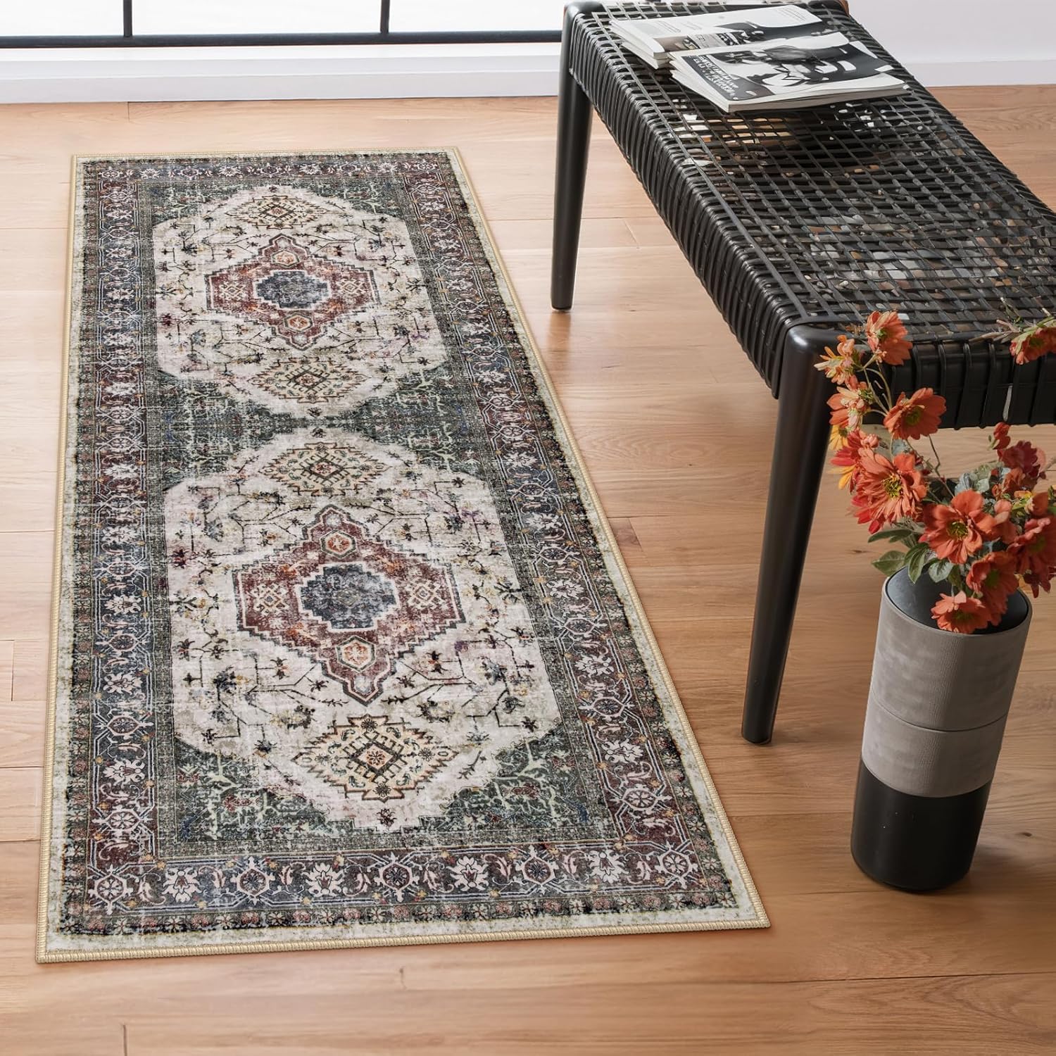 Lahome Oriental Washable Hallway Runner Rug, 2x6 Runners for Hallways Non Slip Ultra-Thin, Vintage Soft Long Carpet for Kitchen Bathroom Bedroom Laundry Room,Brown/Grey Taupe 2'x6' (Runner)