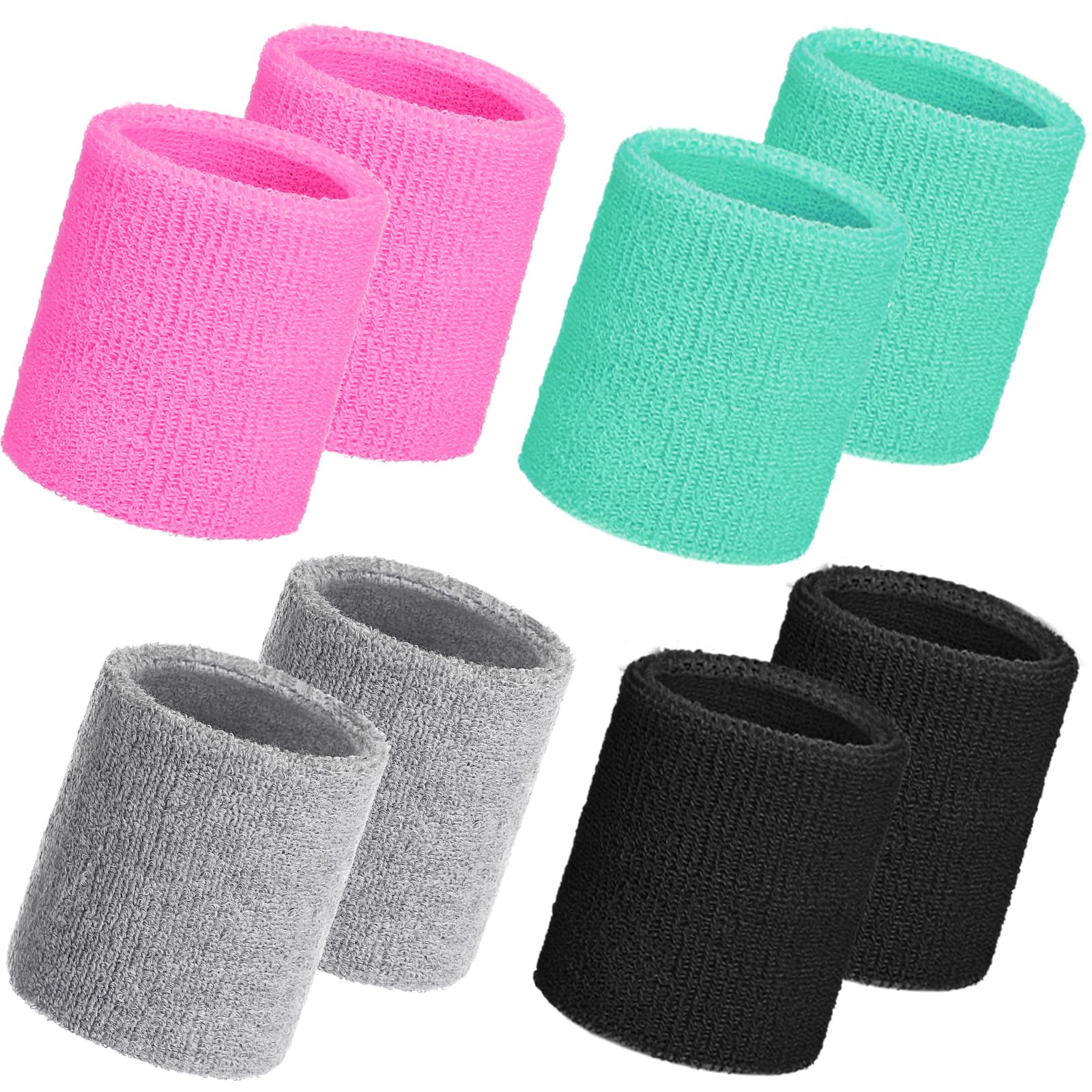 WILLBOND 8 Pack Wrist Sweatbands Sports Wristbands Tennis Sweatbands Neon 80s Thick Cotton Gymnastics Sweat Band Athletic Football Soccer Sports Wristband for Men Women Party(Green Pink Grey Black) — image 1