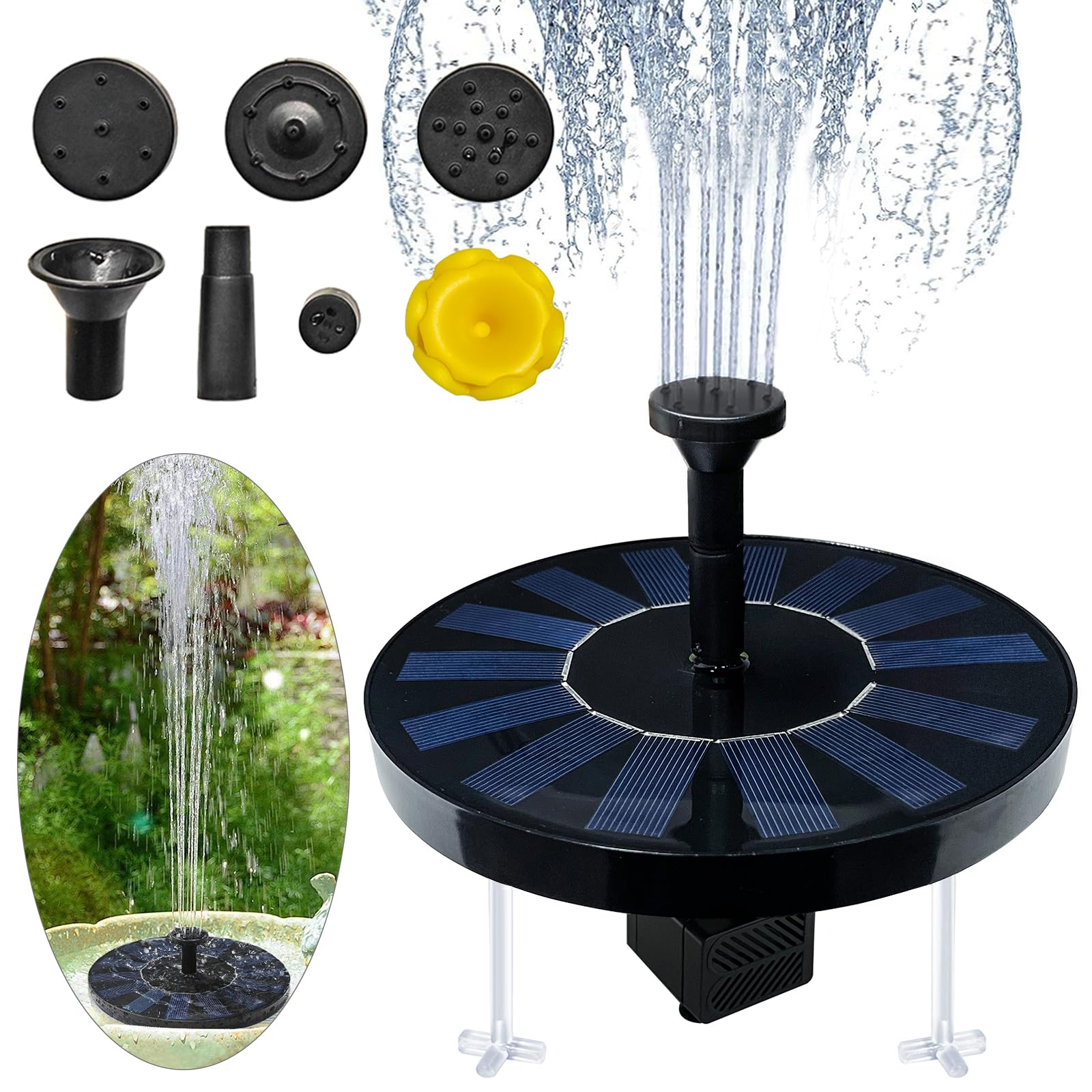 Springbrunnen Solar Garten, Solarspringbrunnen Aussen, Solarbrunnen für Draussen, Solar Teichpumpe Schwimmender und Stützfüße Springbrunnenpumpe Solar Wasserpumpe Fontäne Brunnen für Vogeltränke Teich