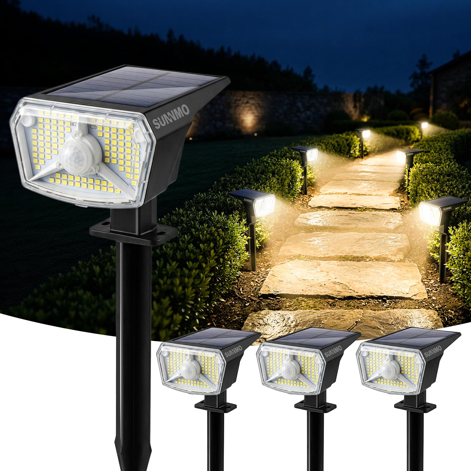 Solarlampen für Außen mit Bewegungsmelder, Solarleuchten Garten 104 LED 3Modi Wetterfest IP65 Wasserdicht, Solar Gartenleuchten Solarstrahler für Außen Garten sehr Hell Warmweiß 3000K, 4 Stück