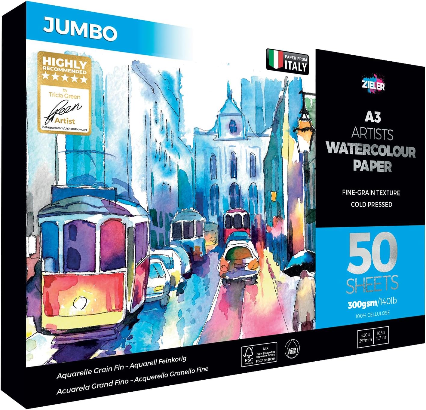 Zieler Jumbo Fine-Grain Textured Watercolour Paper A3 Pad - by ® 50 Sheets, 300gsm / 140lb, A3 Landscape. Ideal for Soaking & Masking. Made in UK – FSC Mix & Acid Free. Includes Starter tip Sheet (A3)