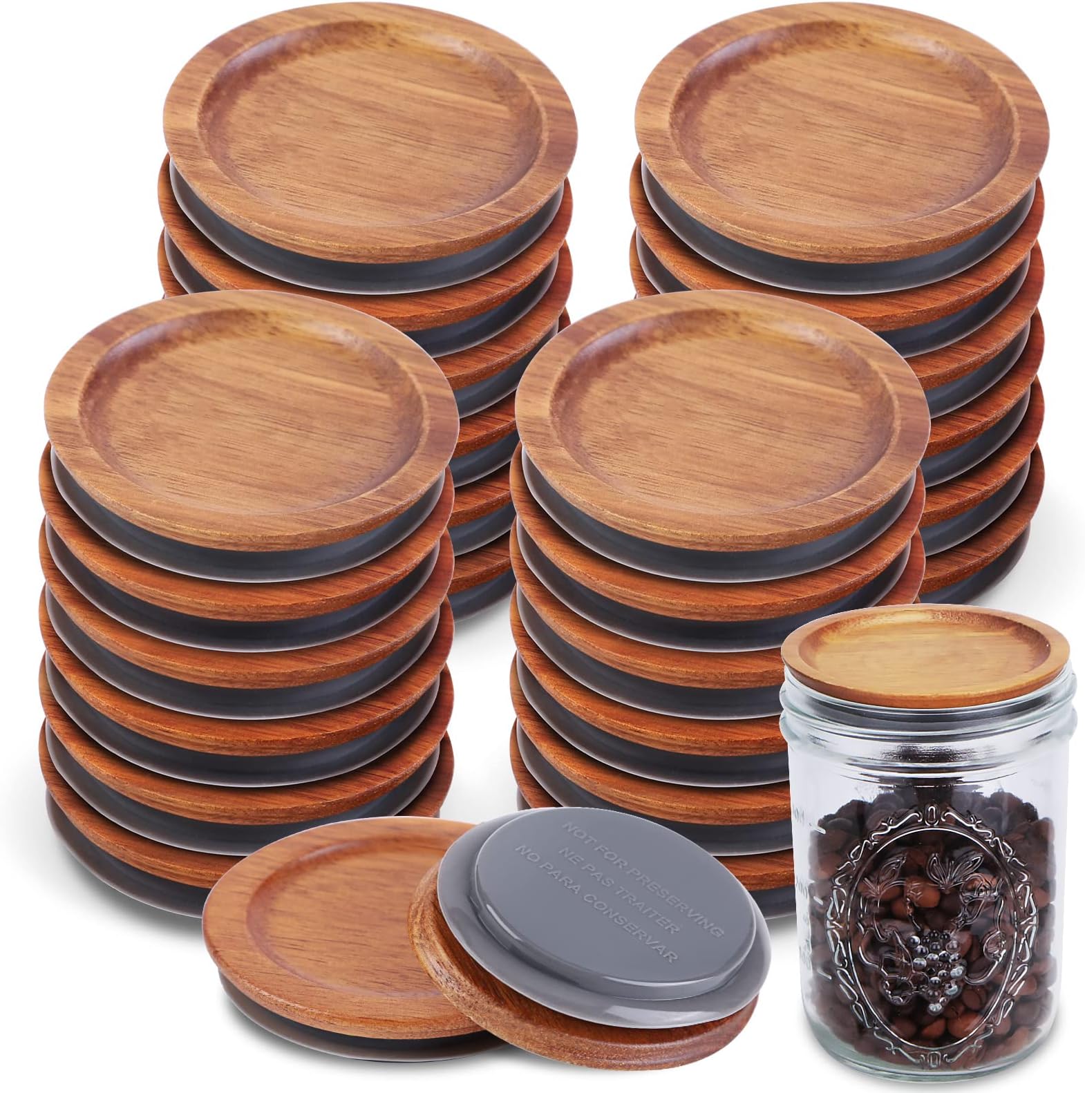 Mifoci 48 Pcs Regular Mouth Mason Jar Lids Acacia Wooden Storage Canning Jar Lids