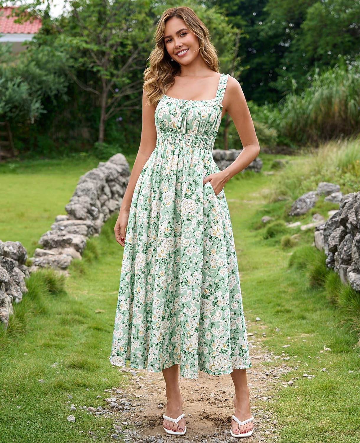 XinFSh Women's Summer Floral Midi Dress Flowy A line Lace Up Beach Vacation Boho Long Sundress with Pockets - Image 3