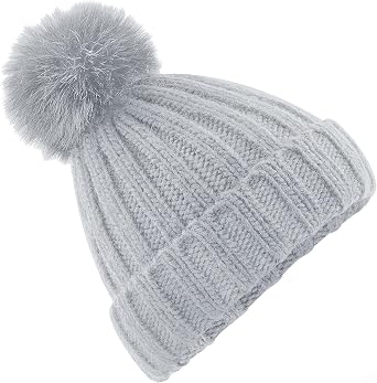 Beechfield Verbier Fur pop pom Chunky Beanie Knited Winter Bobble Woolly Cap/hat - Light Grey