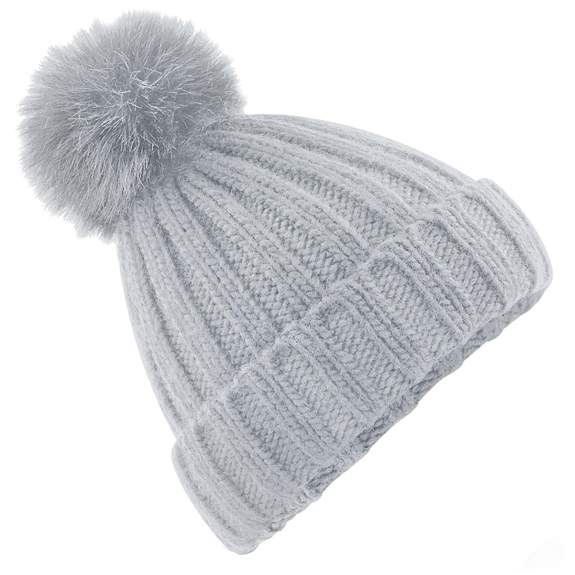 Beechfield Men's Light Grey - Verbier Faux Fur Pop Pom Chunky Beanie