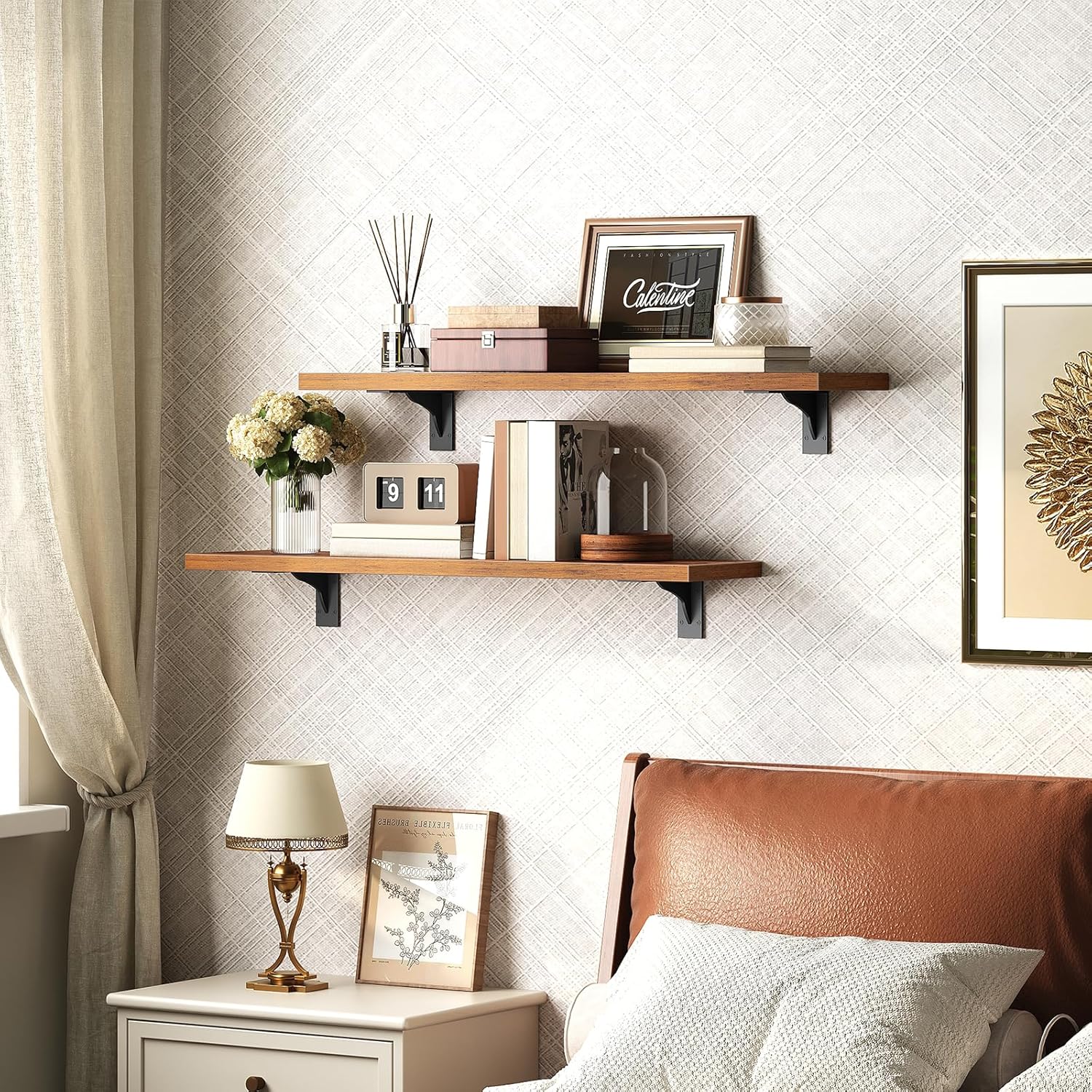 HOOBRO Floating Shelves for Wall, 23.6" Wall Mounted Shelves Set of 2, Hanging Storage Shelf with Metal Brackets, Wooden Shelf for Living Room, Bedroom, Bathroom, Rustic Brown and Black BF62BJP201G1