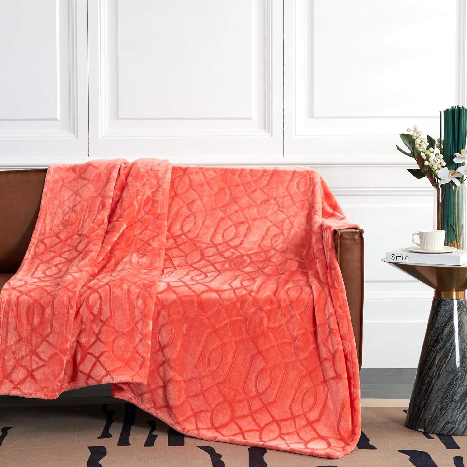 Soft Cozy Fleece Queen Size Blanket, 90x90 Inches – Lightweight Plush Blanket for Bed, Fuzzy 3D Jacquard Design - Coral
