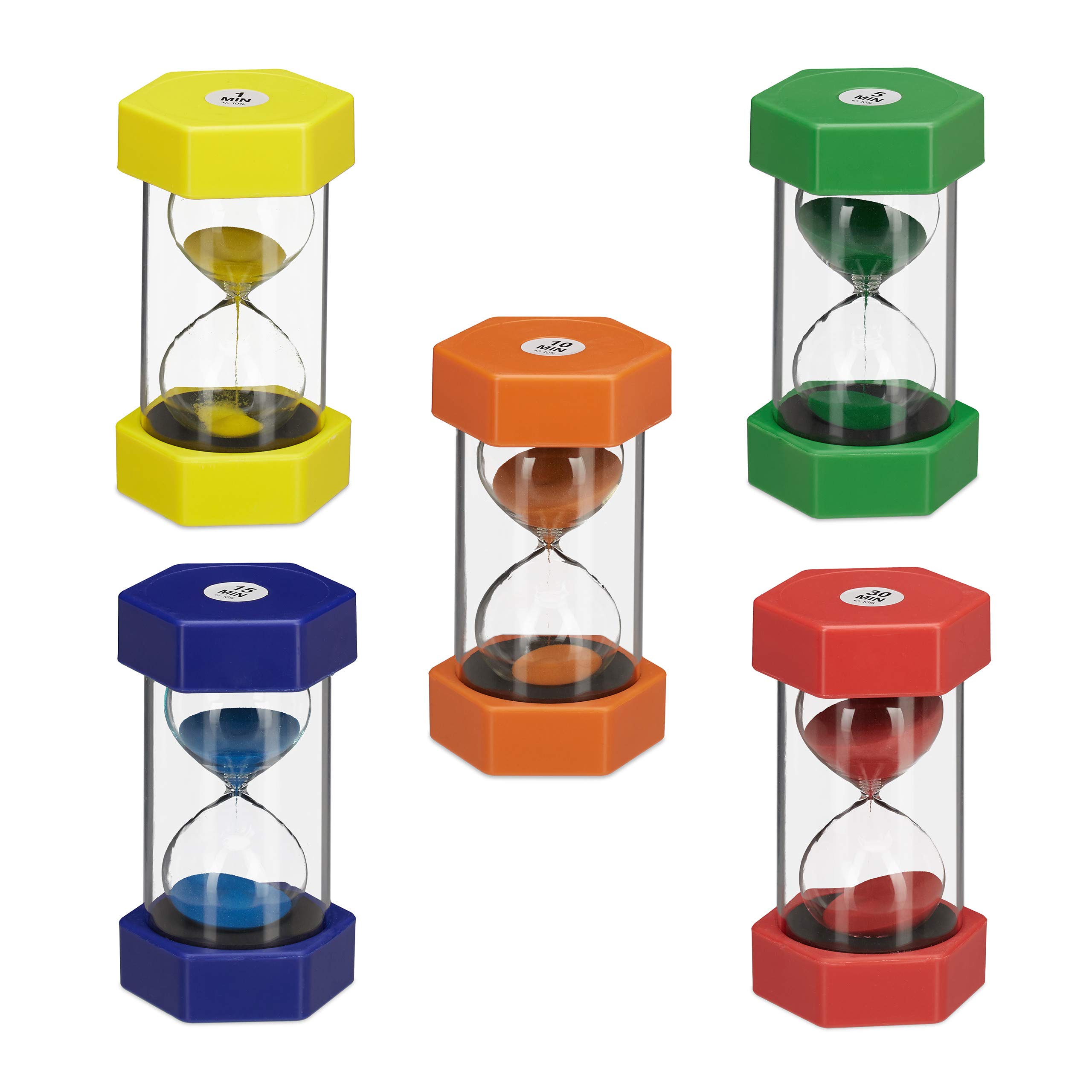 Relaxdays Set da 5 Clessidre per Bambini, Studio, Concentrazione, 1 min, 5 min, 10 min, 15 min, 30 min, Colorate