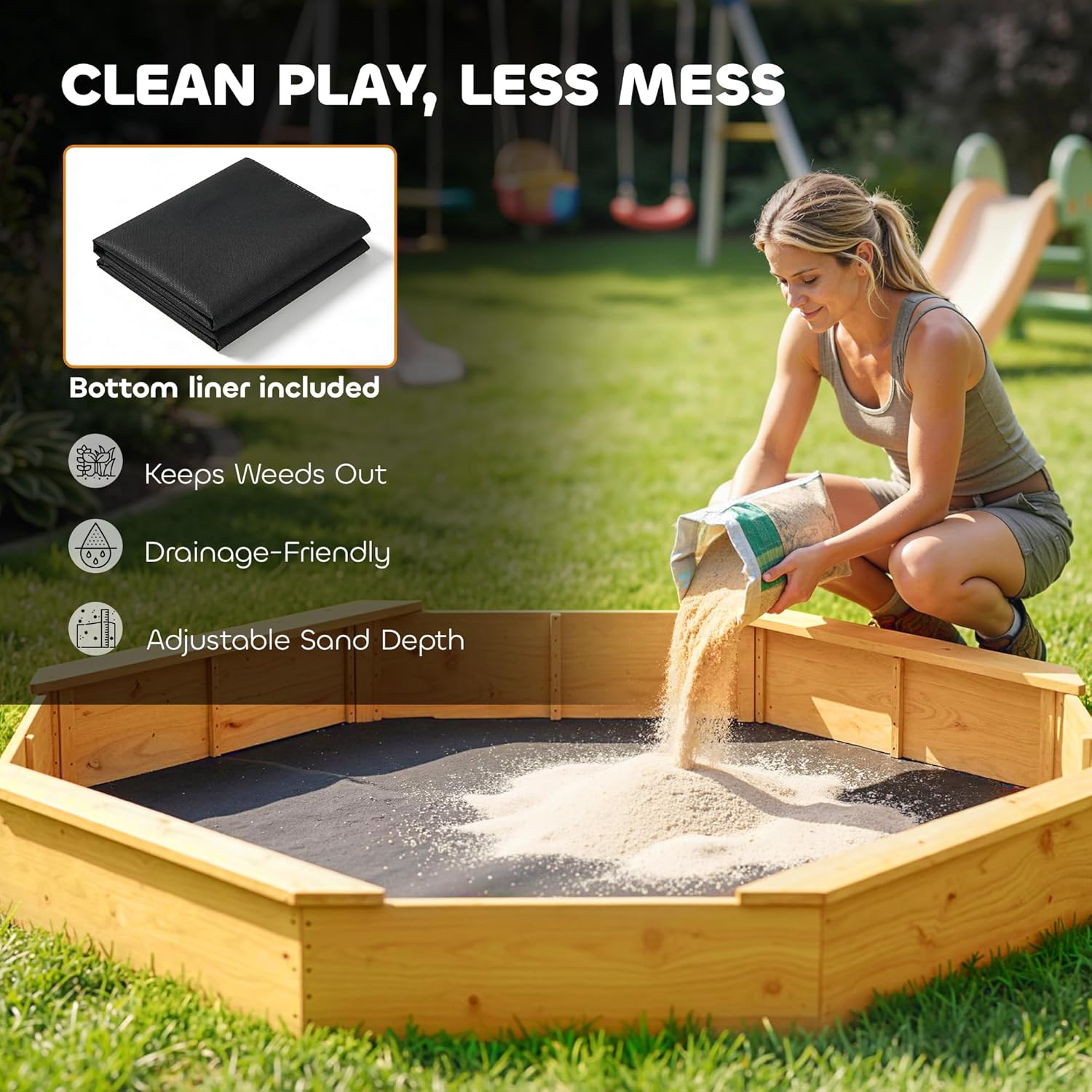 Qaba Wooden Sandbox with Large Canopy, Outdoor Sand Box with 4 Bench Seats, Bottom Liner for 8 Kids, Sand Pit for Backyard Garden, Gift for Aged 3-8, Yellow
