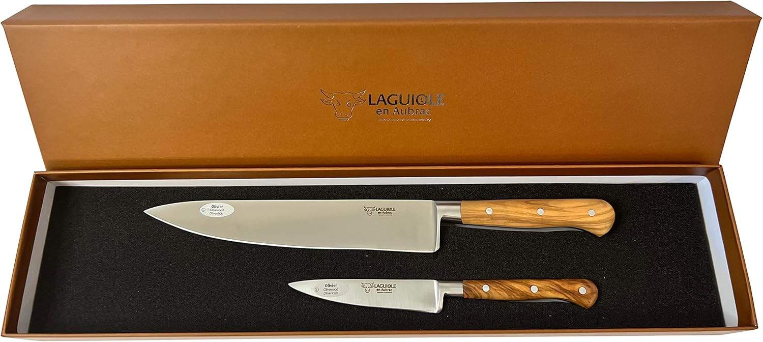 Laguiole en Aubrac Professional Stainless Fully Forged Steel Made In France Essential 2-Piece Premium Kitchen Knife Set With Olivewood Handles
