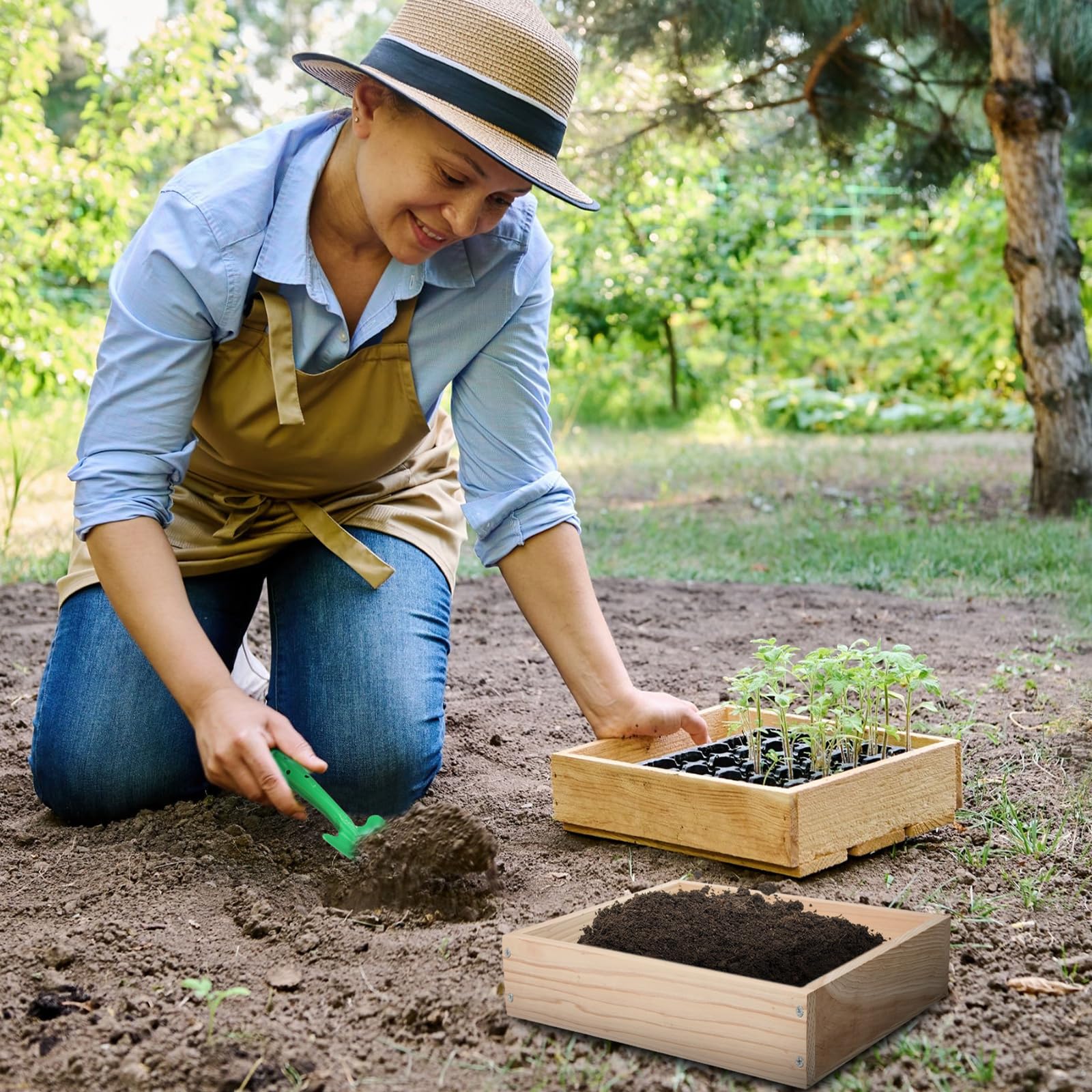 Therwen Juego de 2 tamices de tierra, tamiz de tierra, tamiz de tierra de madera, tamiz de compost, malla de 0.24 pulgadas con guantes y palas para plantas bonsái, macetas, verduras, hojas de arena,