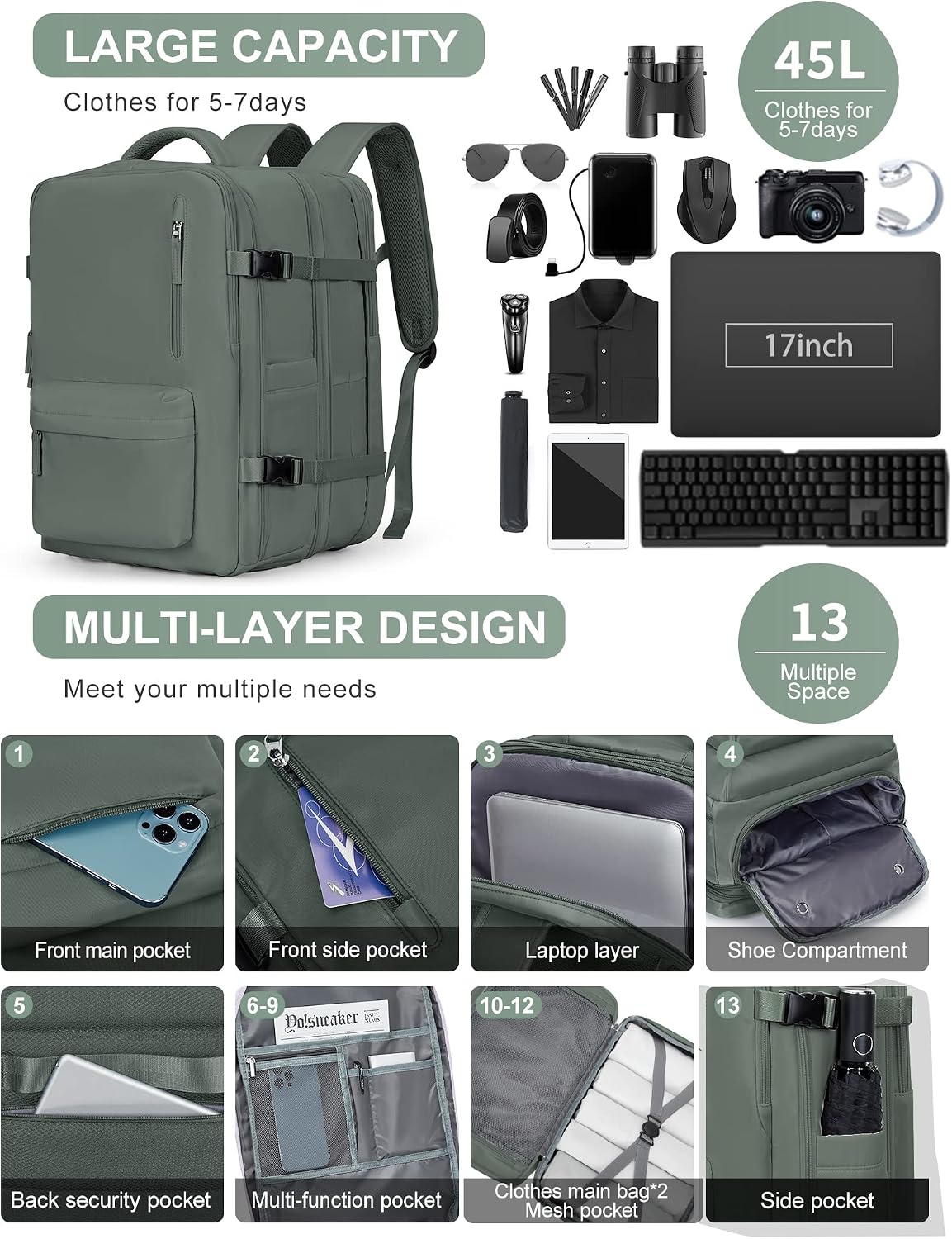 WONHOX Mochila grande para laptop de viagem, expansível, aprovada por voos, mochila de mão para mulheres e homens, impermeável, 43.2 cm, mochila para laptop, caminhada, trabalho, com compartimento