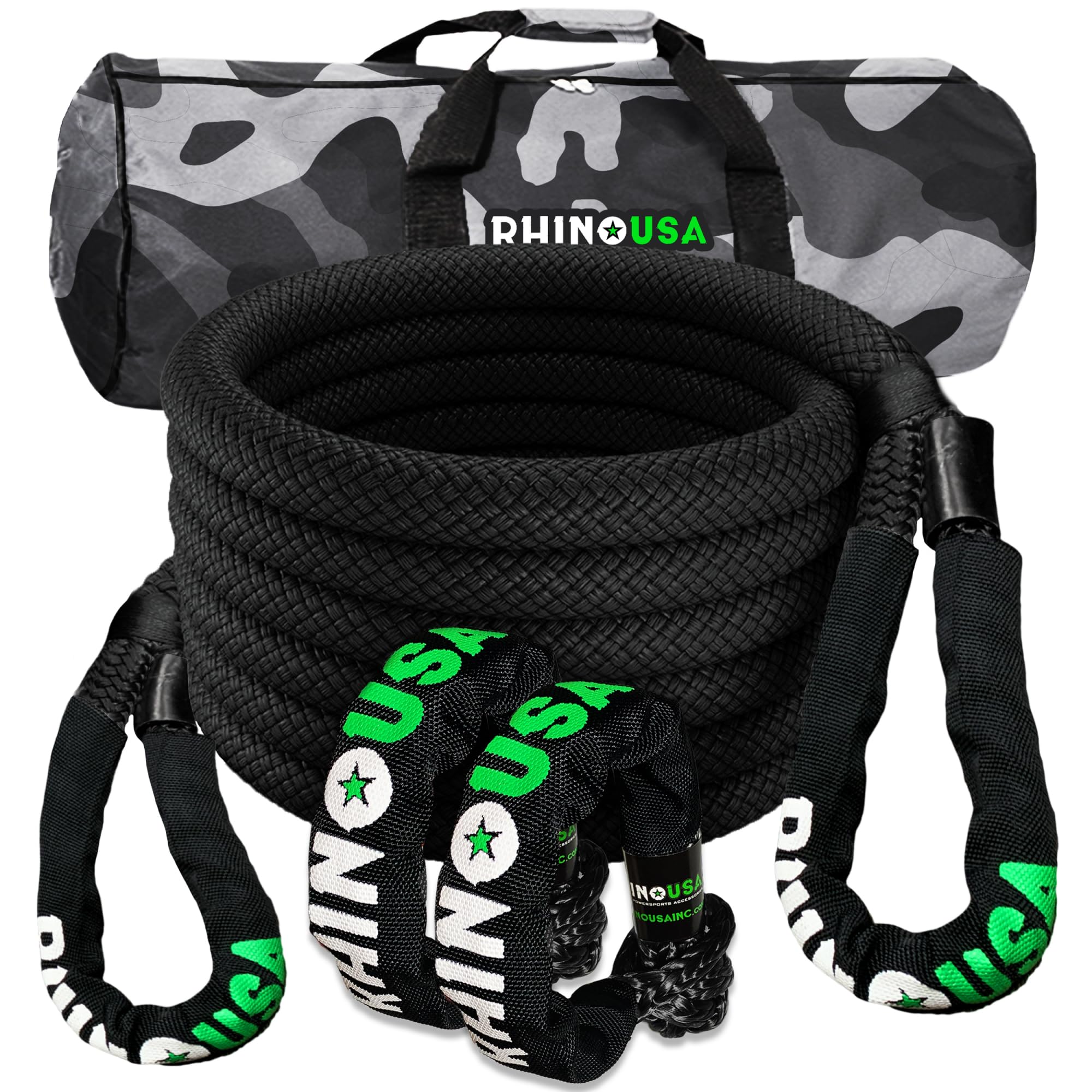 Rhino USA Cuerda Cinética para Remolque 13000kg - Cuerda de Remolque y Recuperación con 2X Grilletes - Correa de Rescate Todoterreno 2.2 cm x 9 m - para Todoterreno Quad UTV 4x4 - Negro