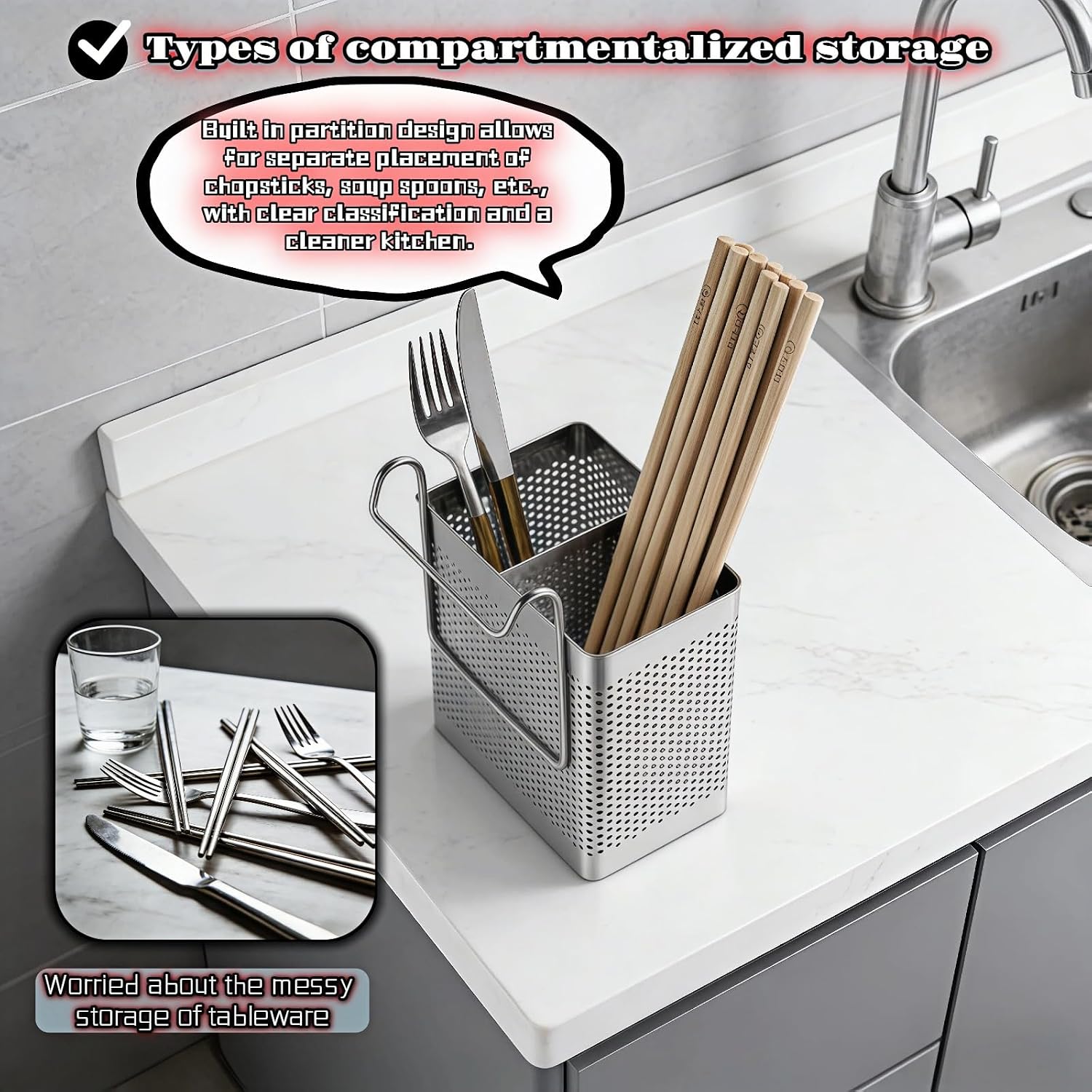 Stainless Steel Utensil Holder for Kitchen Counter, 2 Compartment Cutlery Organizer with Hooks, Dishwasher Safe Flatware Drying Caddy for Sink & Dish Rack (Brushed Finish)