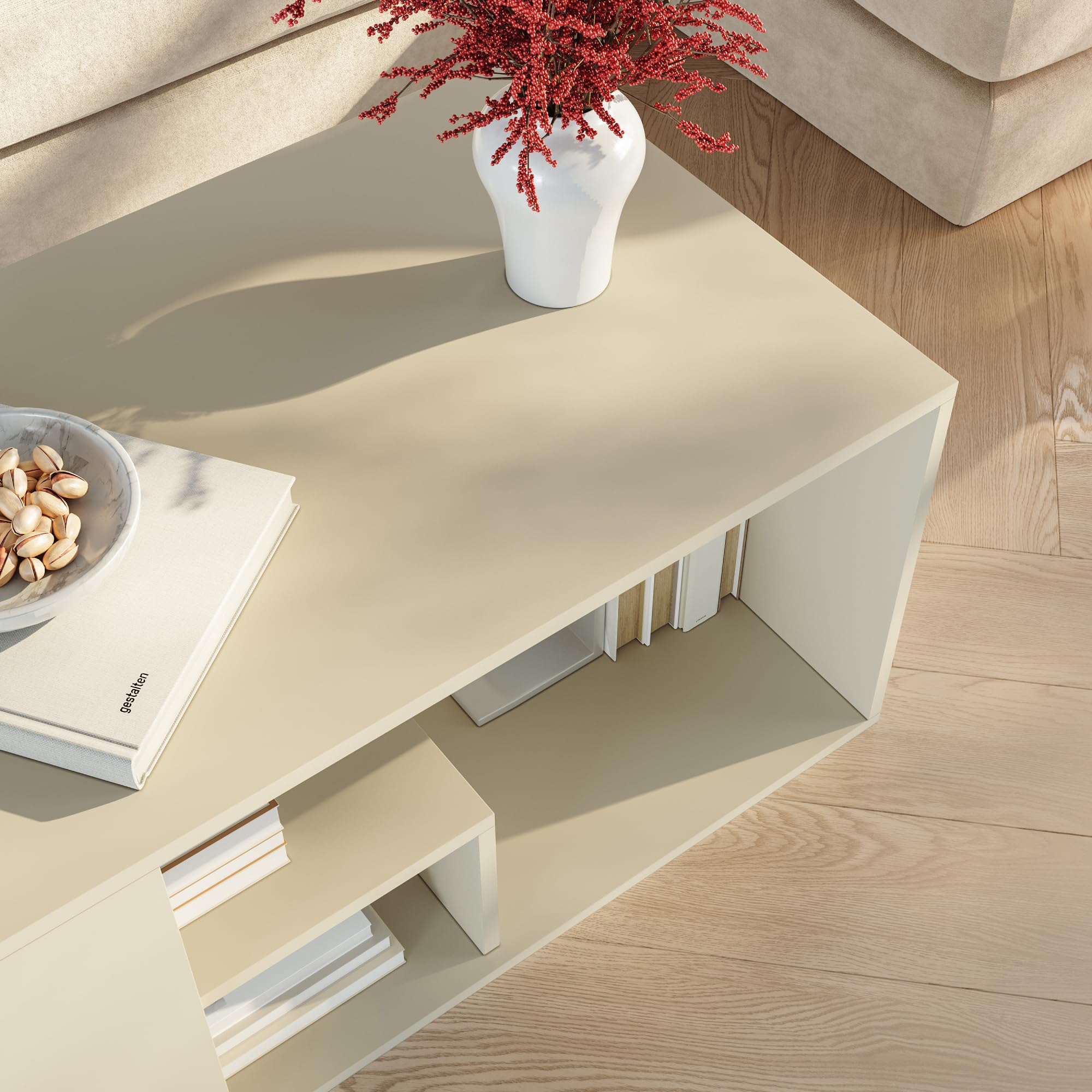 [en.casa] Couchtisch Antaa Wohnzimmertisch 80 x 50 x 40 cm Sofatisch mit Stauraum Beistelltisch rechteckig Kaffeetisch Sandfarben