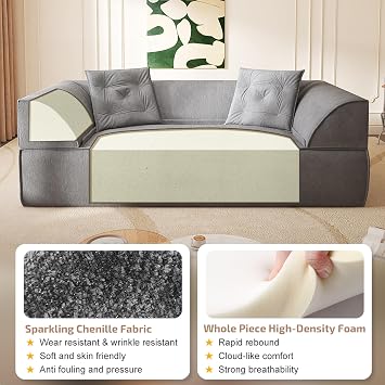 GNIXUU 3-in-1 Convertible Sofa Bed, Foldable Sleeper Chair Chaise Lounge with 2 Pillows, Modern 3-Seater Chenille Boneless Floor Couch in a Box for Living Room Bedroom Apartment, No Assembly, Gray