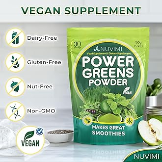NUVIMI® - Super Greens Powder - 150g - Immune Support - Food Supplement - 9 Vegan Superfoods - Smoothie Mix for Nutritional Shakes, Juice Drink & Beverages