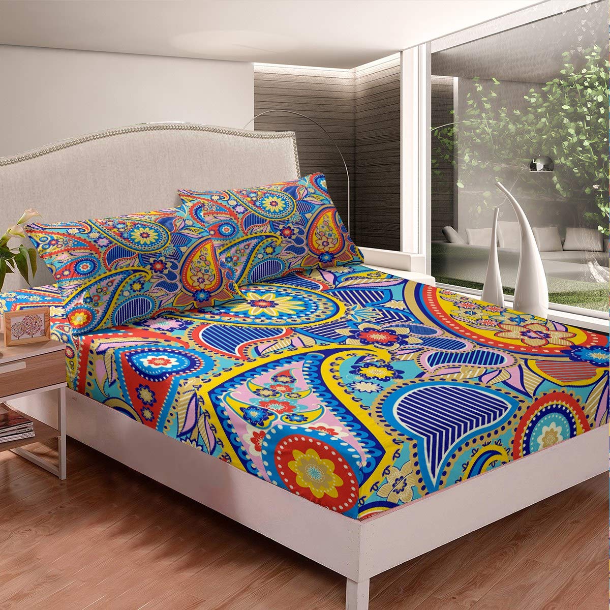 Loussiesd Boho Mandala Bed Sheet Set Bohemian Style Bedding Set Exotic Floral Printed Fitted Sheet for Children Kids Girls Adults Colorful Flowers Pattern Bed Cover Room Decor Double Size