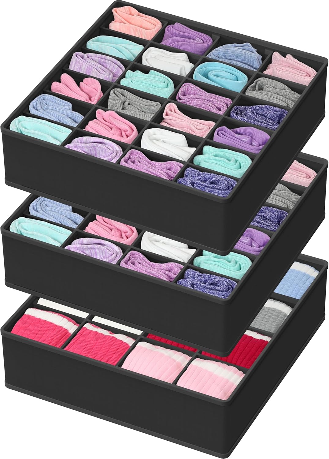 Simple Houseware Sock Drawer Organizer for Dresser/Closet/Bedroom, 3 Pack, Black