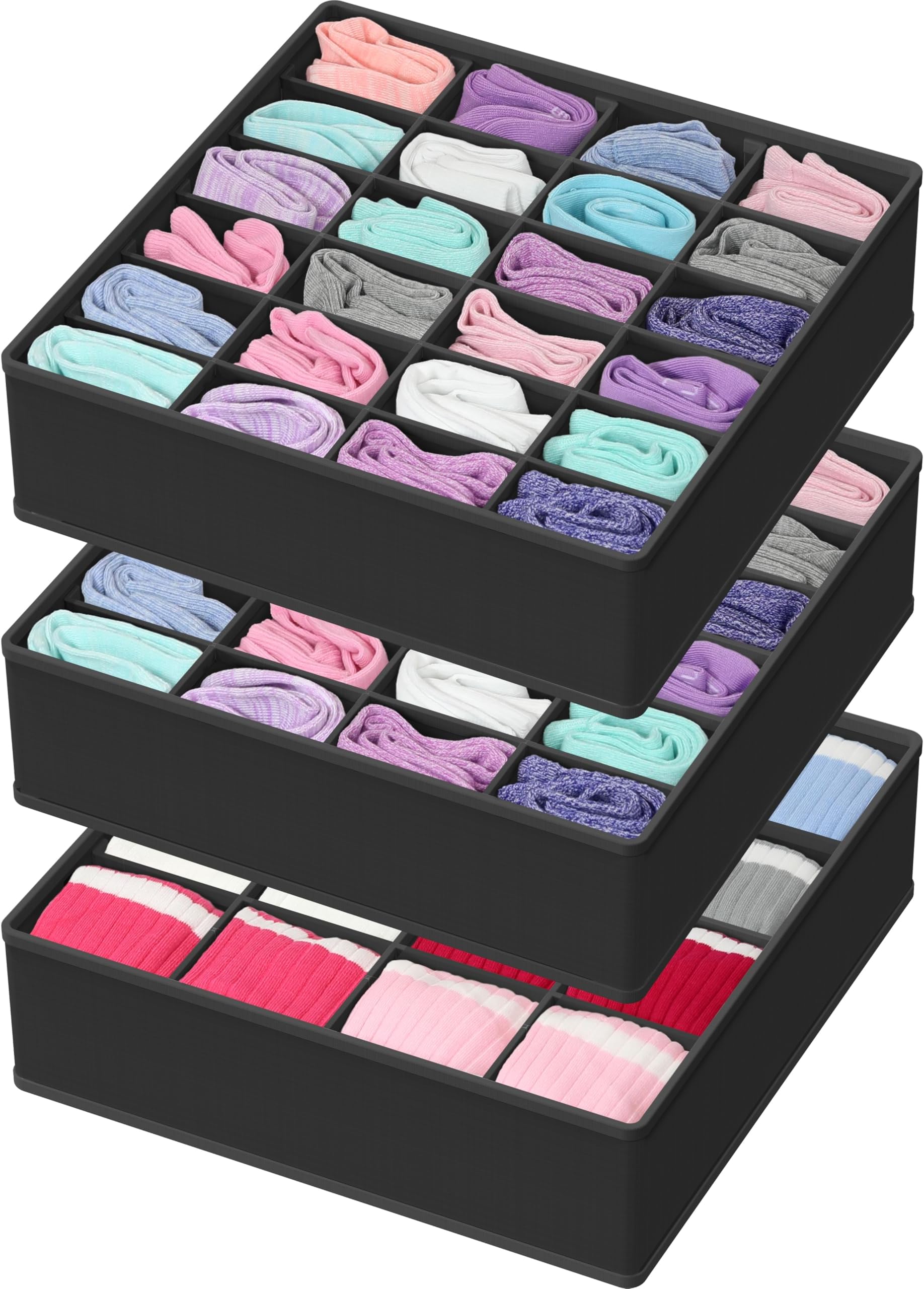 Simple Houseware Sock Drawer Organizer for Dresser/Closet/Bedroom, 3 Pack, Black