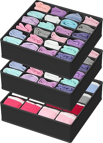 Simple Houseware Organizador de Cajón de Calcetines para Cómoda/Armario/Dormitorio, Paquete de 3, Negro Negro,Gris