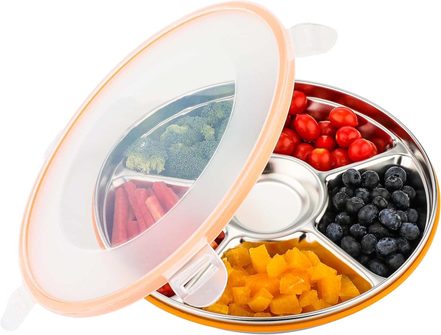 Divided Serving Tray with Lid, Stainless Steel Veggie Tray with Plastic Lid, Reusable Vegetable Platter, Snack Tray, Snackle Box for Party, Easy to Clean (6 Compartments, 60oz)