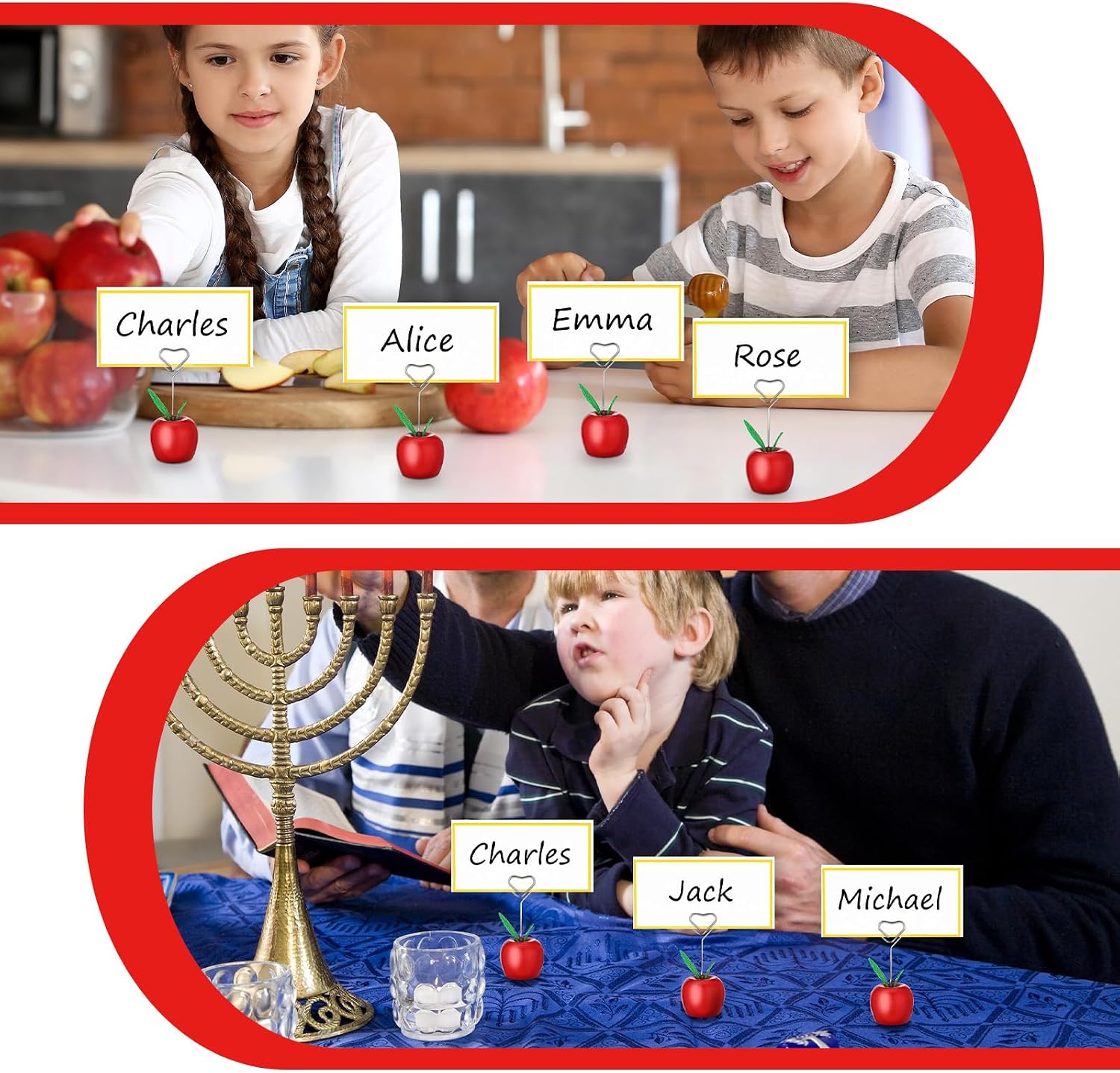 Beeveer 20 Set Rosh Hashanah Place Card Holder with 25 Pcs Name Cards Mini Red Apple Table Number Stand with Heart Shape Holder Clip for Rosh Hashanah Party Decorations Back to School Table Decor