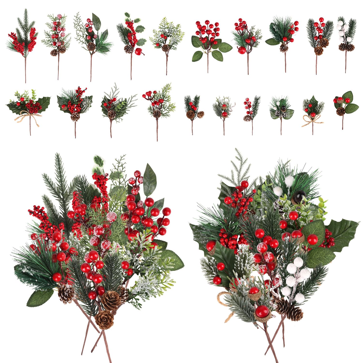 LOMIMOS Künstliche rote Beerenspieße, Tannenzapfen, künstliche Stechpalmenstiele mit Tannenzapfen, unnötige Zweige für Weihnachtsbaumdekoration, Basteln, Kranz, Girlande, Dekoration, 20 Stück