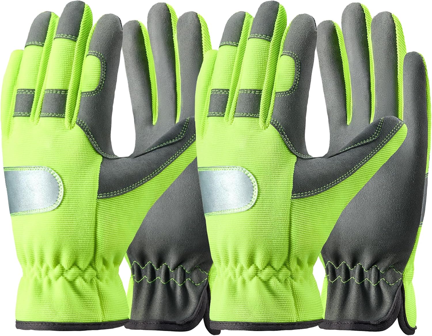 COOLJOB 2 Pairs Hi-vis Reflective Safety Work Garden Gloves for Men Women, Faux Leather Utility Mechanic Gloves with Grip