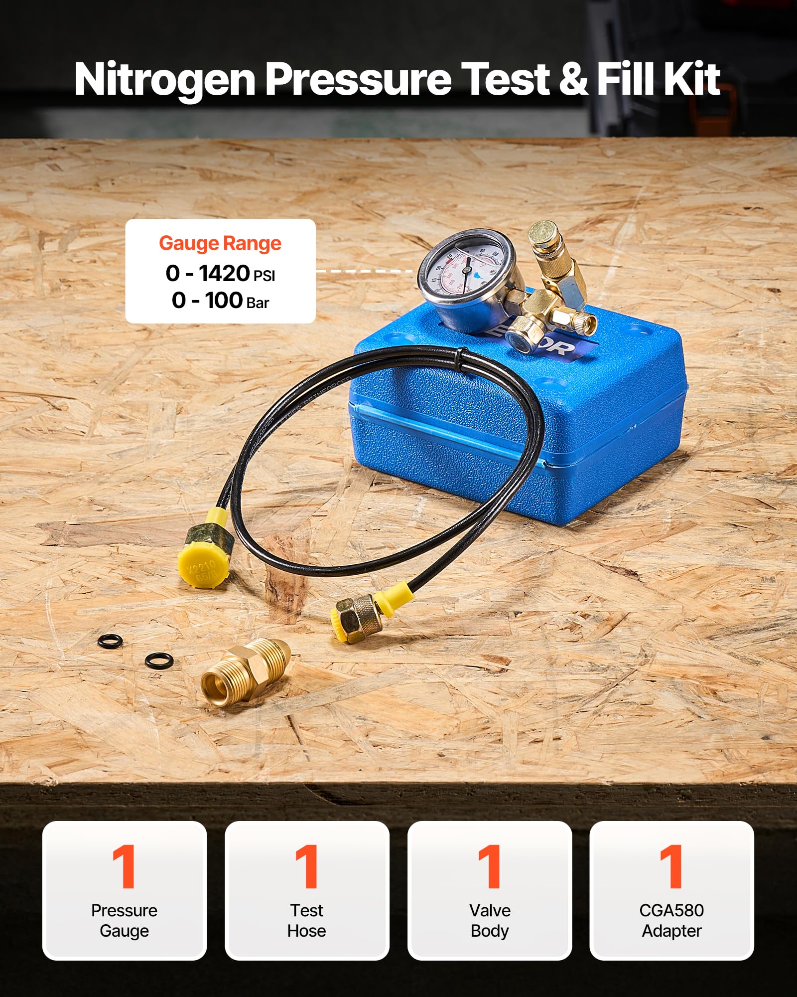 VEVOR Kit de Gonflage d'Accumulateur d'Azote Hydraulique 0-1420 PSI, Coffret Test de Pression avec 1 Manomètre, 1 Tuyau de Gaz, 1 Corps de Vanne et 1 Adaptateur CGA580, pour Construction Chantier