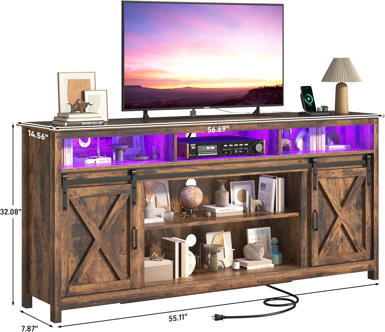 Diagram of the Farmhouse TV Stand with detailed dimensions.