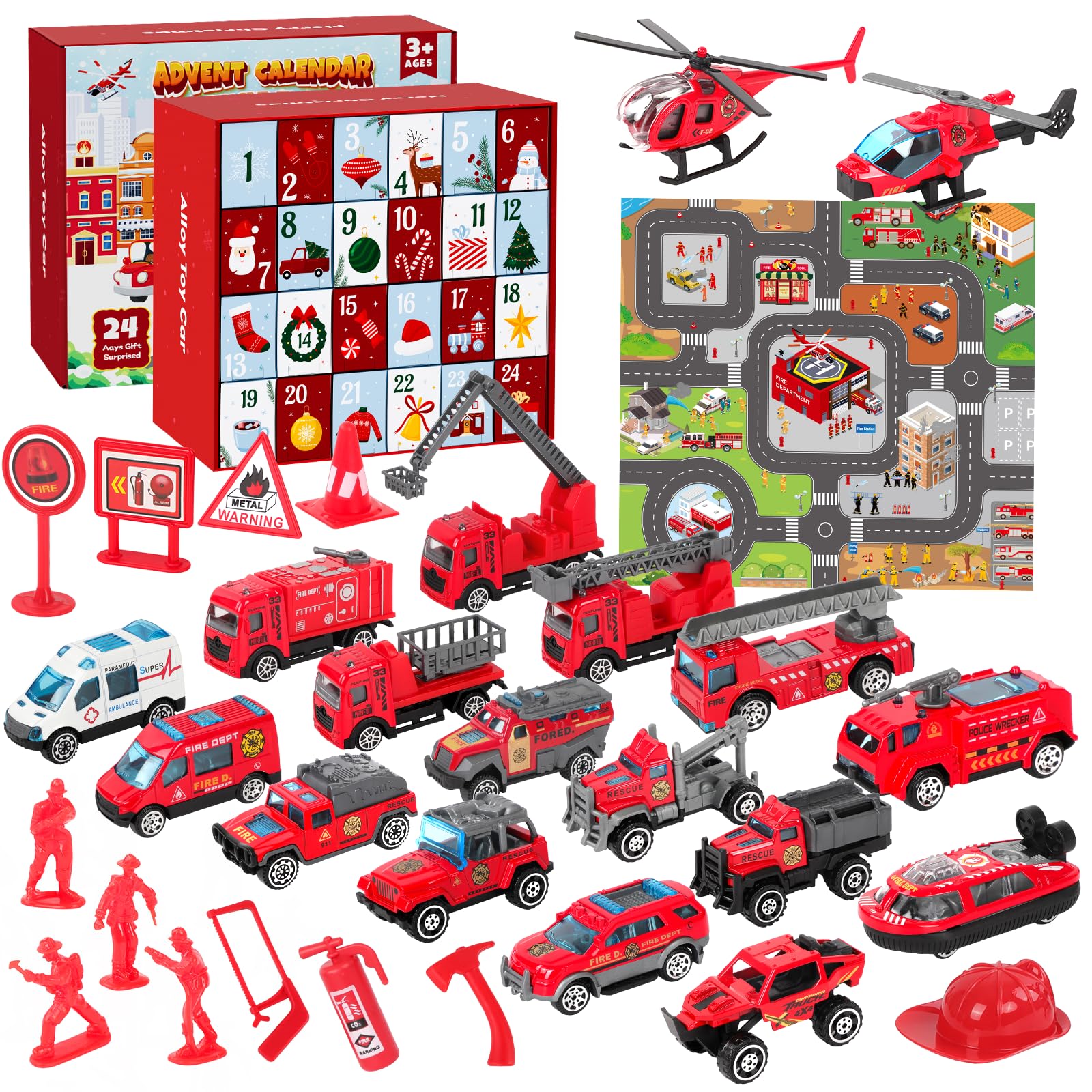 YOOHBERRYS Calendrier de l'Avent 2025 Enfant Garçon, Jouet Camion Pompier en Métal, Calendrier de Noël Compte à Rebours avec Voitures et Jouets Pompiers, Idée Cadeau 2 3 4 5 6 Ans