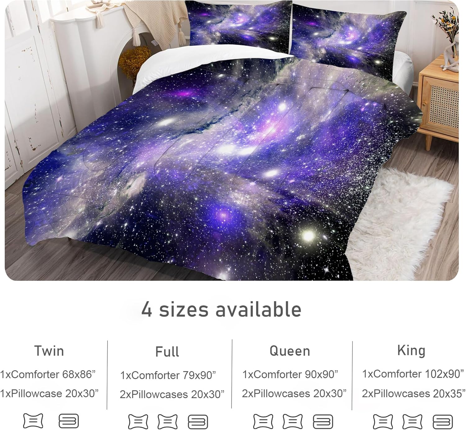 Galaxy Comforter Set Twin Size Purple Black Space Nebula Bedding Set Universe Star Glitter Quilt Bed Sets for Kids Teens Girls Boys Bedroom, 1 Comforter & 1 Pillowcase