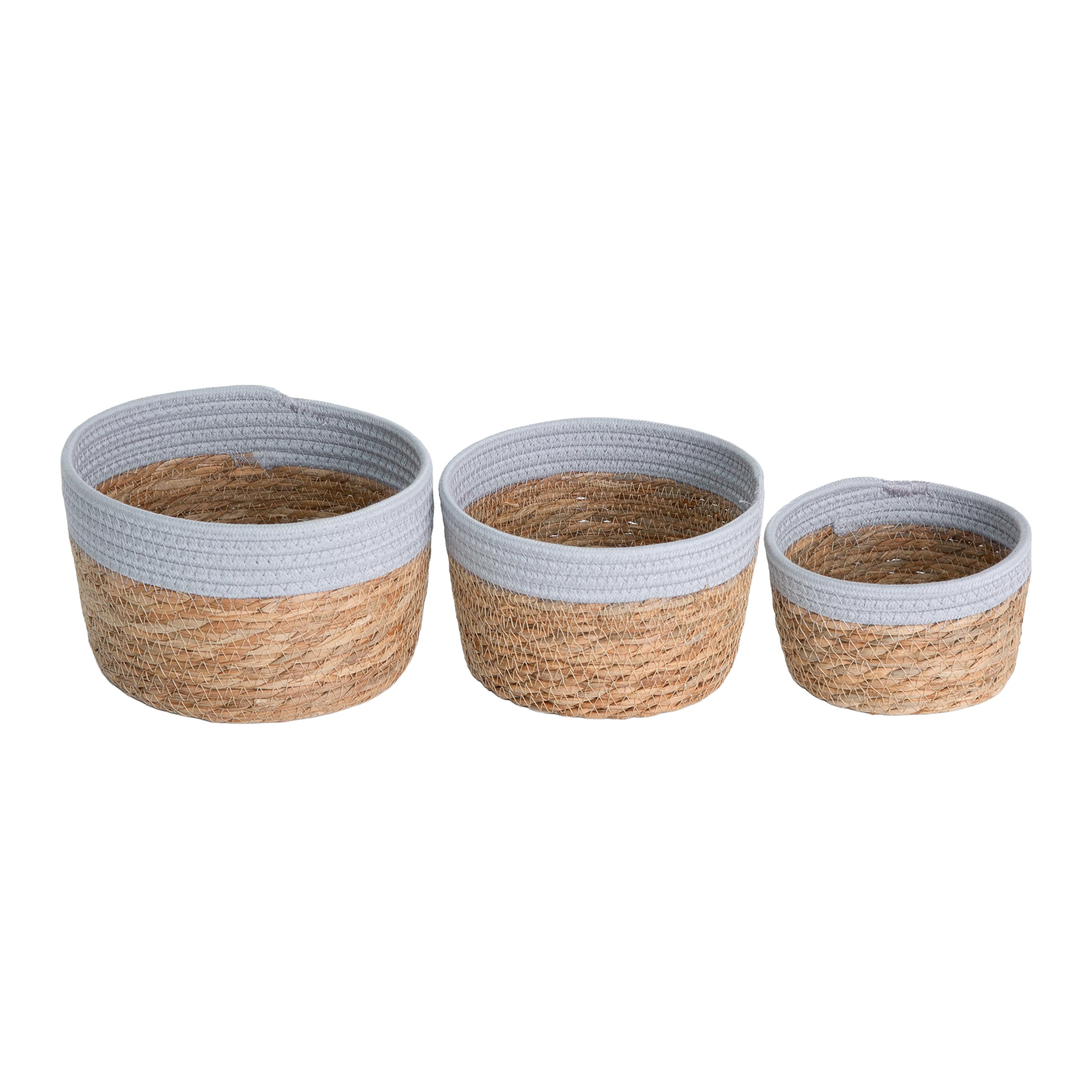 Wickerfield Set of 3 Seagrass Storage Baskets for Shelves, Small Round Wicker Hamper Basket, Natural Woven Seagrass Organiser (Grey)