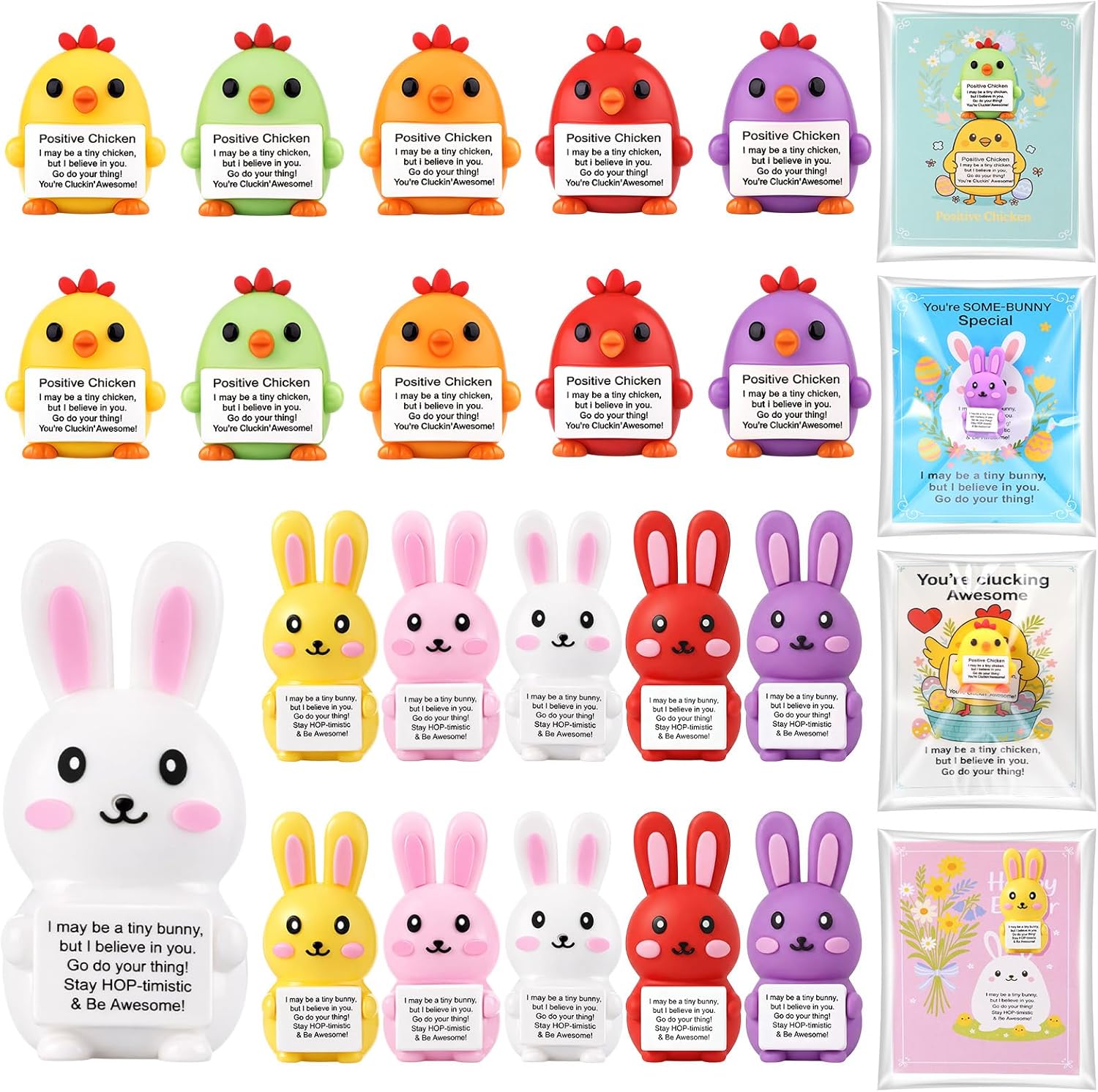 Gejoy 20 Sets Mini Easter Figures Gifts for Coworker Positive Mini Rubber Bunny Chicken Toy with Positive Card Bags for Easter Egg Stuffers Basket Stuffers Party Favors for Colleague Employee
