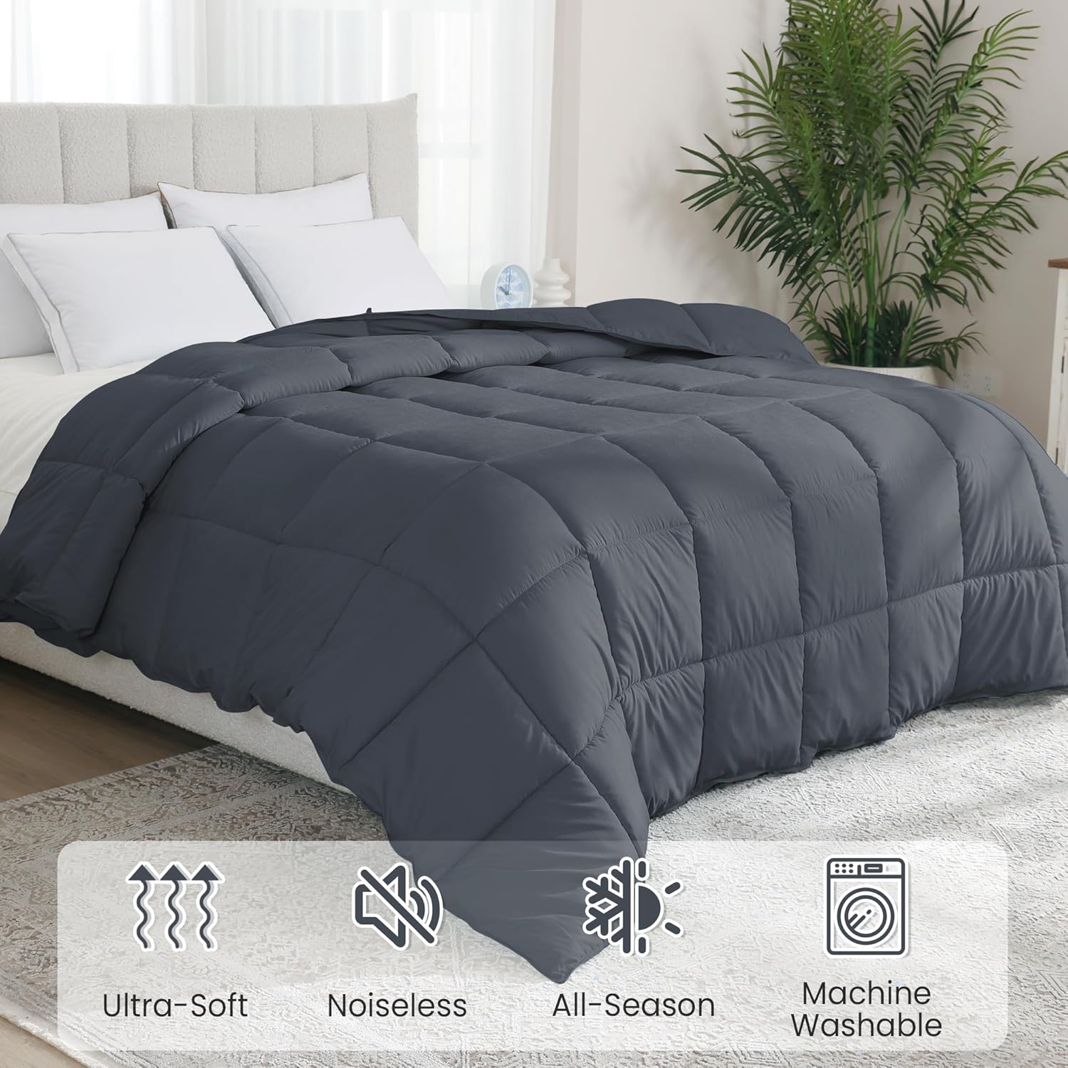 Peace nest Queen Size Goose Feather Fiber and Down Comforter Fluffy Duvet Insert All Season Hotel Luxury Bedding Comforters Soft Medium Warmth 88x88 Inches Dark Grey