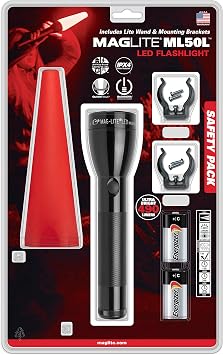 MAGLITE Safety Pack - ML50L 2-Cell C LED Flashlight, Black, Mid-Size, ML50L-I201G Wand, Red