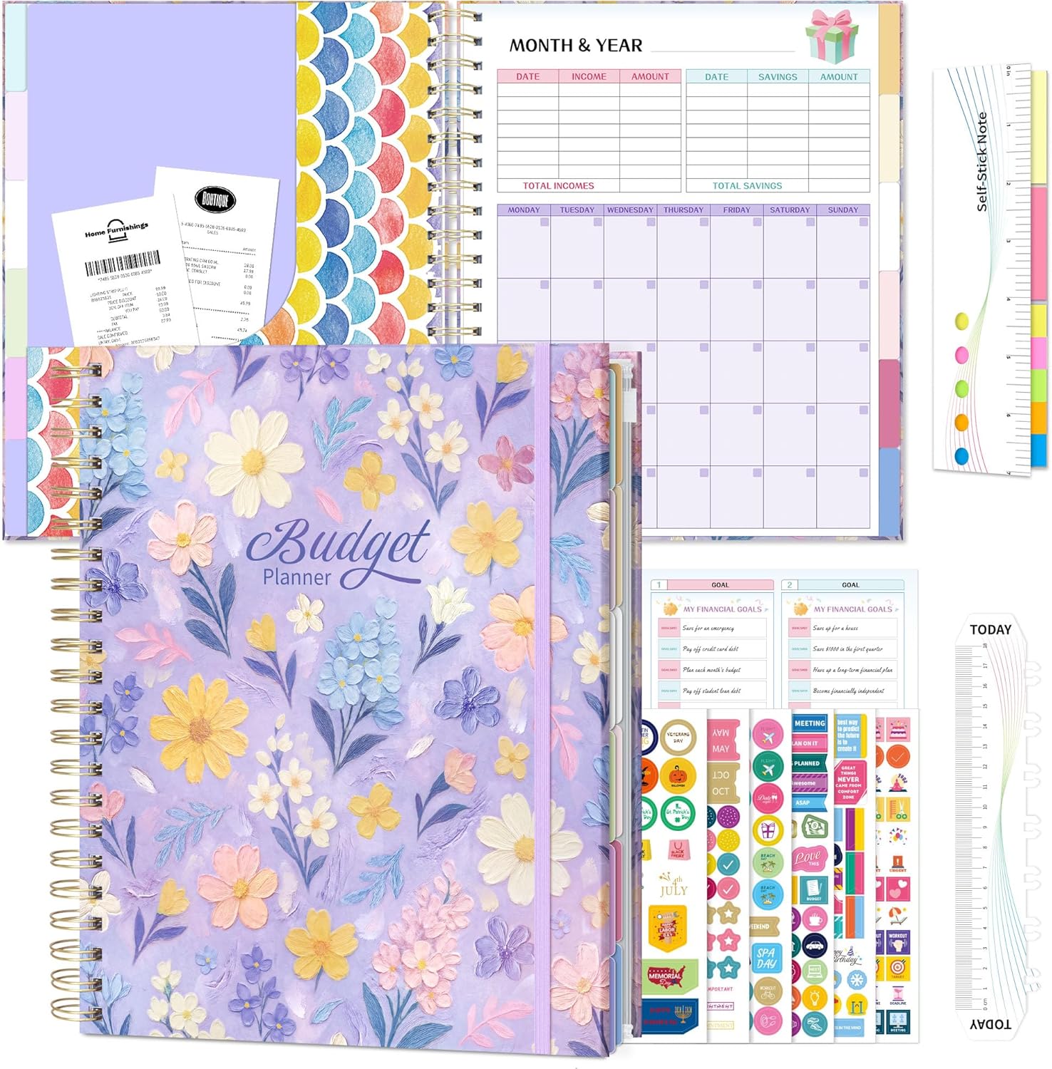 Ospelelf Budget Planner Undated, Money Expense Tracker with Pocket & Stickers, Thick Cardboard Cover, Large Pages for Spacious Writing, Original Fun Colorful Design, 12 Month Financial Notebook, Purple Floral