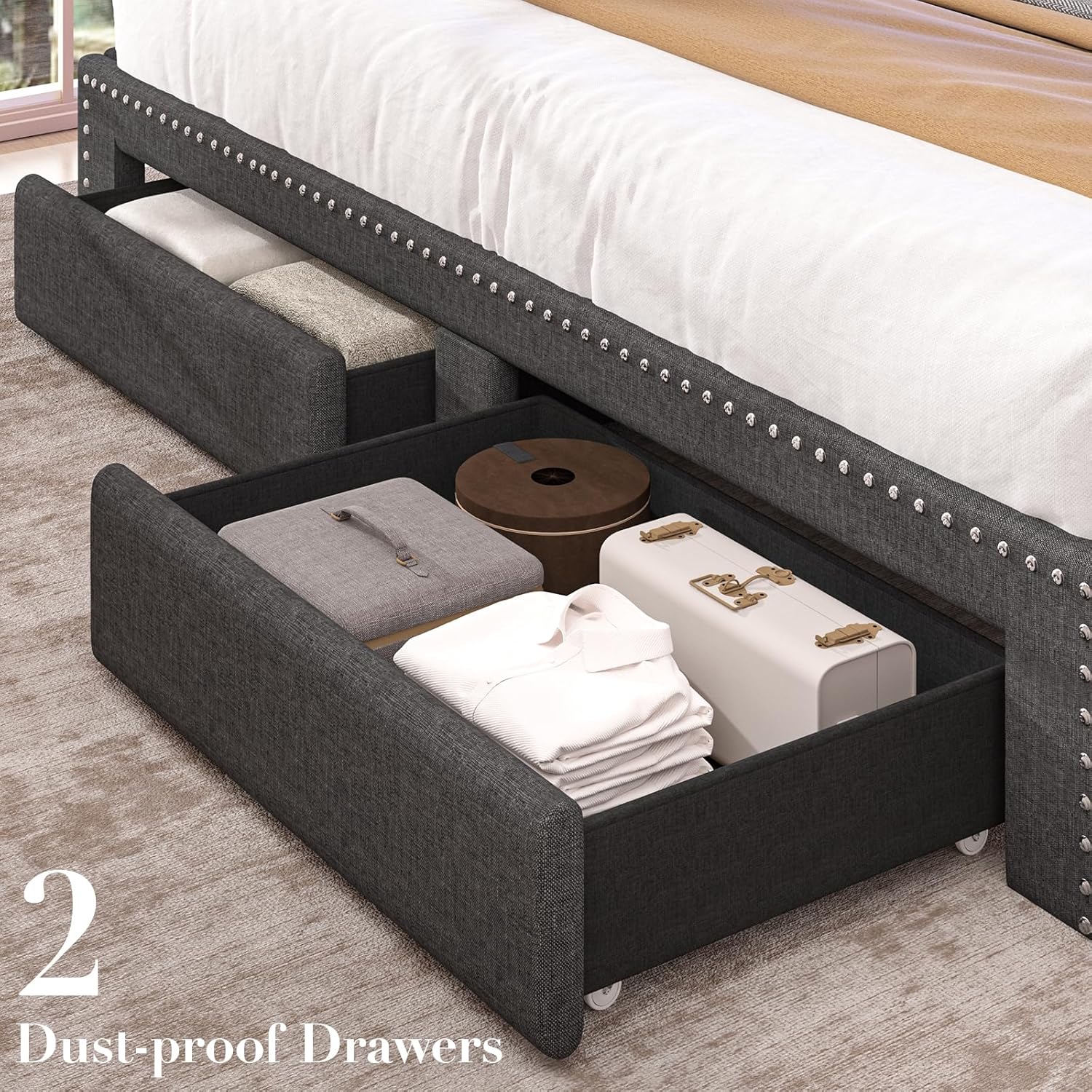 Linen Full Size Bed Frame with 2-Tier Storage Headboard and Charging Station, Upholstered Platform Bed Frames with 2 Storage Drawers, Wooden Slats Support, No Box Spring Needed, Grey