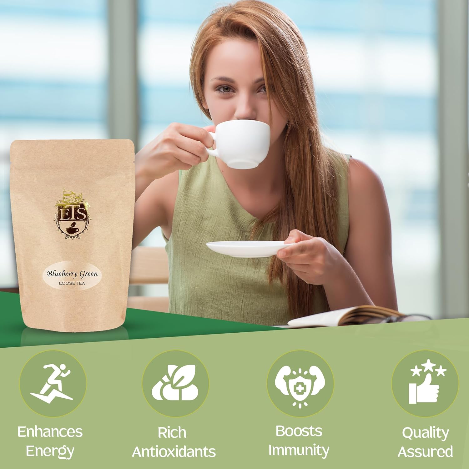 Blueberry Flavored Green Tea | Loose Leaf Gunpowder Tea - 16oz Resealable Pouch | Pekoe Grade | Fruity Sweet Aroma | Great Hot or Iced | Refreshing Berry Blend | Sri Lanka Uva Region