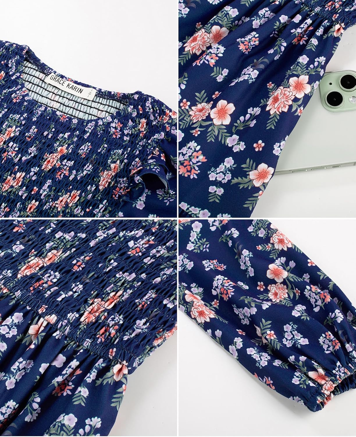 GRACE KARIN Girls Long Sleeve Fall Floral Dress Ruffle Round Neck Smocked Layered Hem